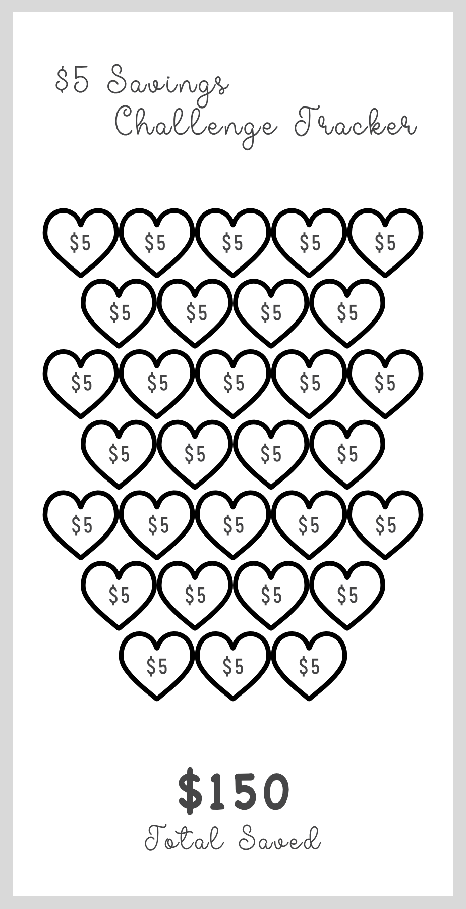 Savings challenge tracker with heart icons and total savings amount on a white background