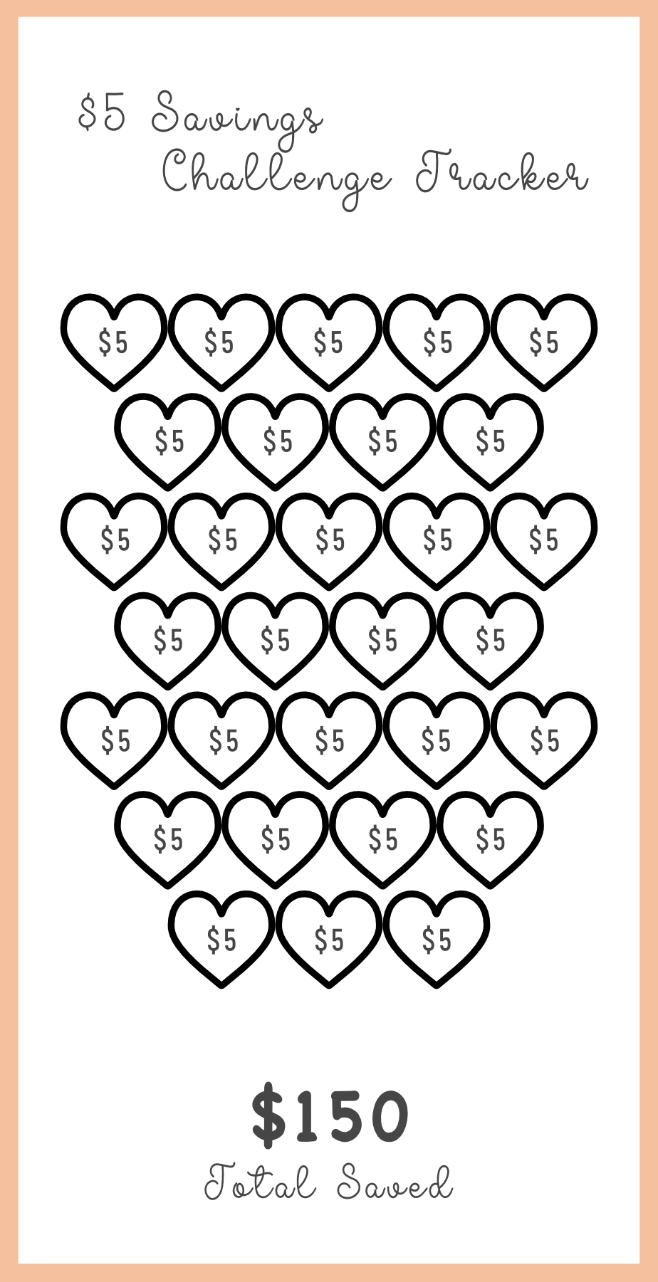 Savings challenge tracker with heart symbols and dollar amounts on a light pink background