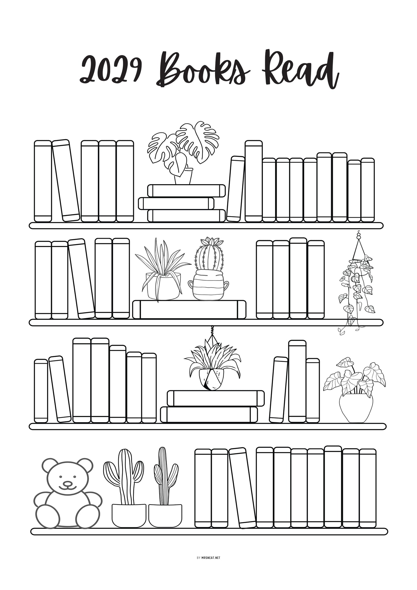 Bookshelf illustration with '2029 Books Read' text on a white background