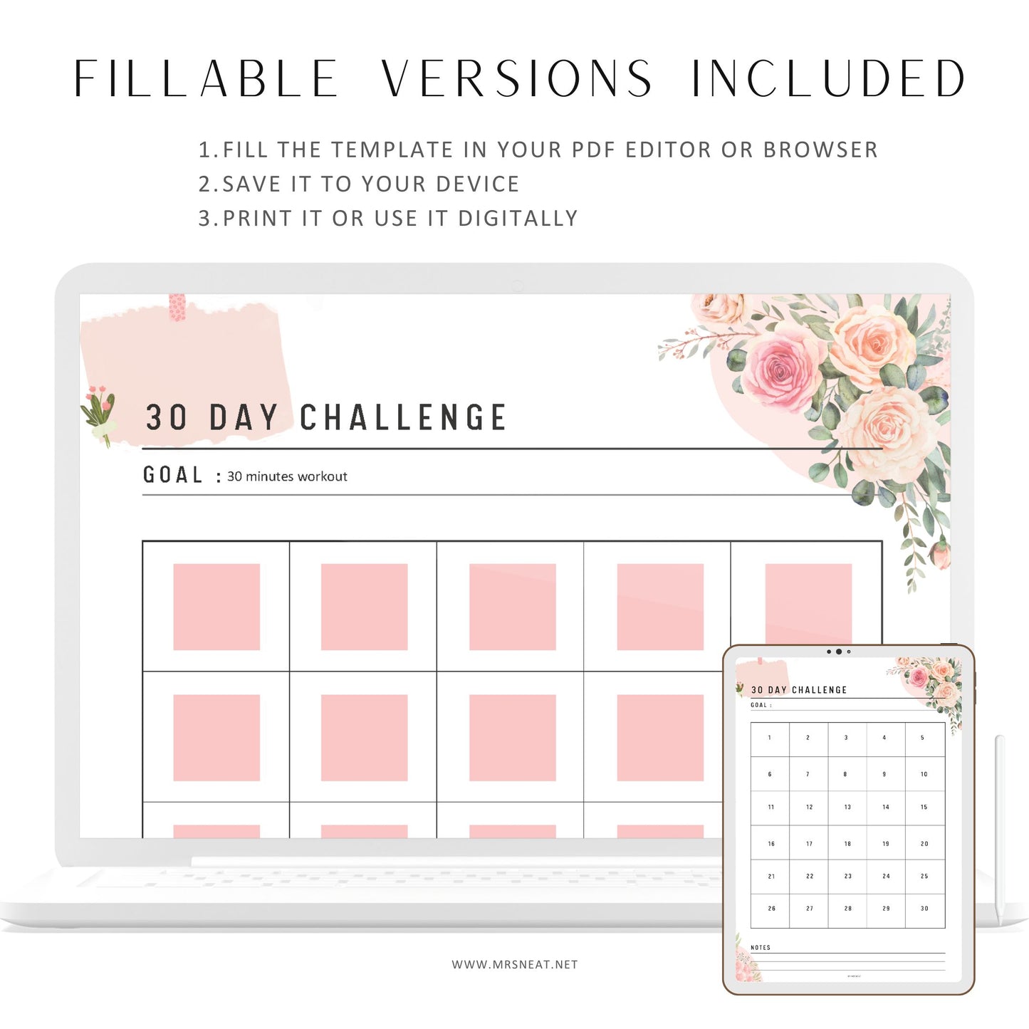 Floral 30 Day Challenge Printable, 30 Day Challenge Tracker, Fillable Habit Tracker PDF, A4, A5, Letter & Half Letter