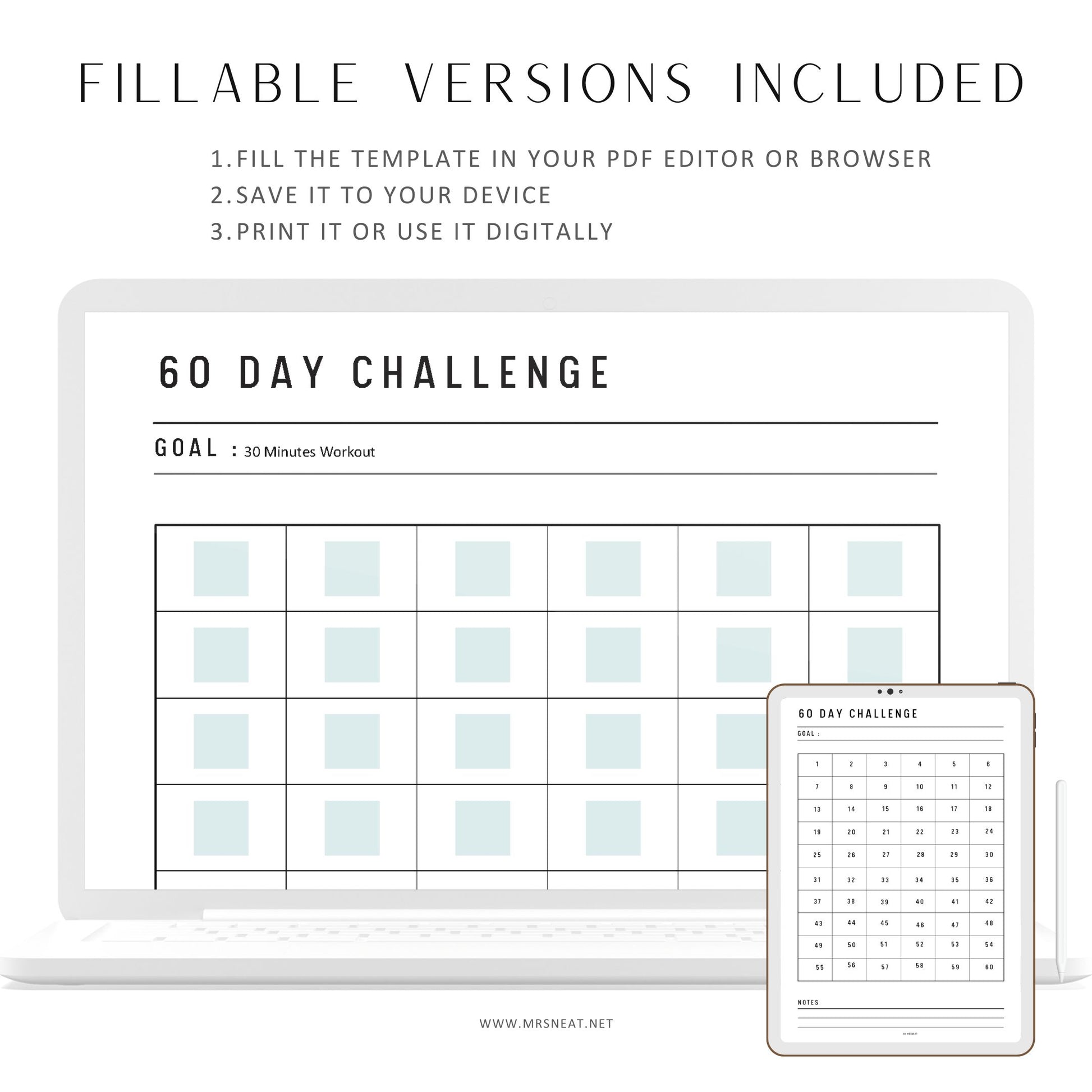 Fillable 60 day challenge printable, Habit Challenge, Goal setting, habit forming, habit tracker, A4, A5, Half Letter, Letter, PDF