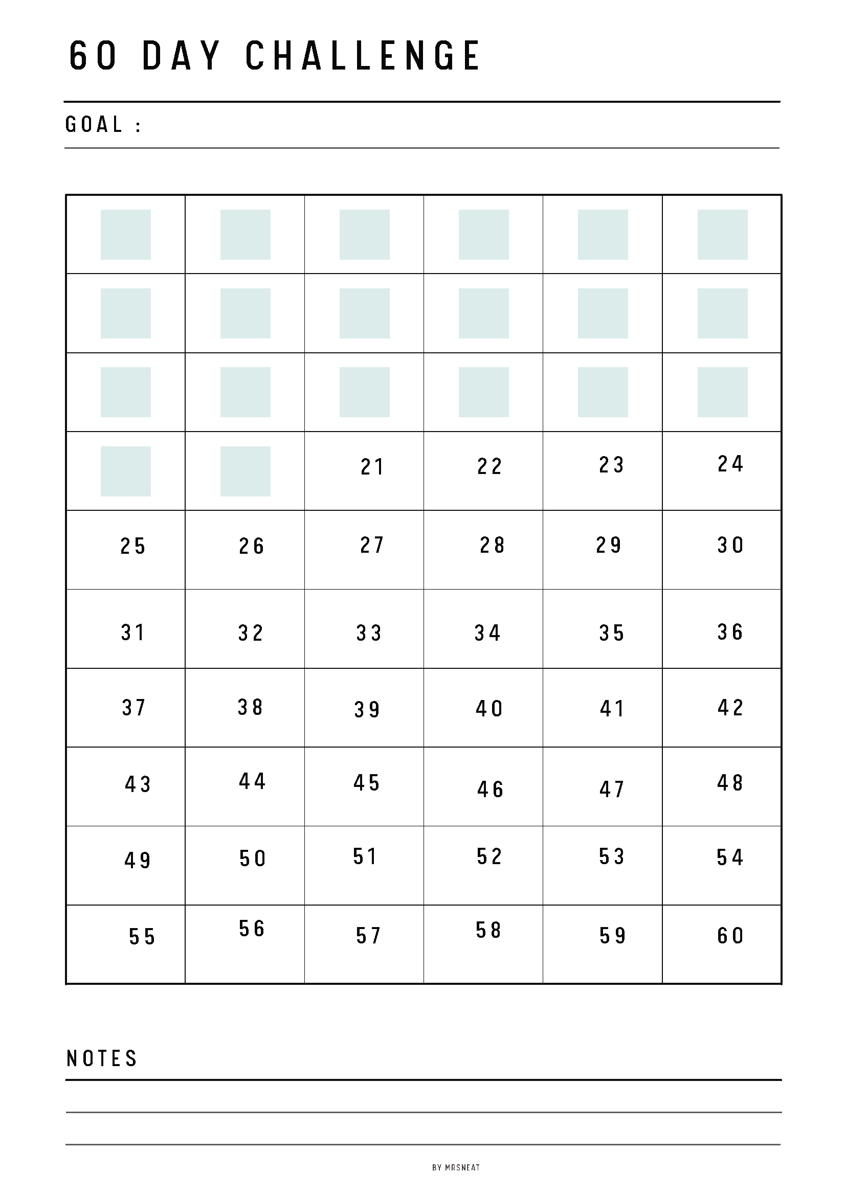 60-day challenge tracker with days 1-60 and space for notes.