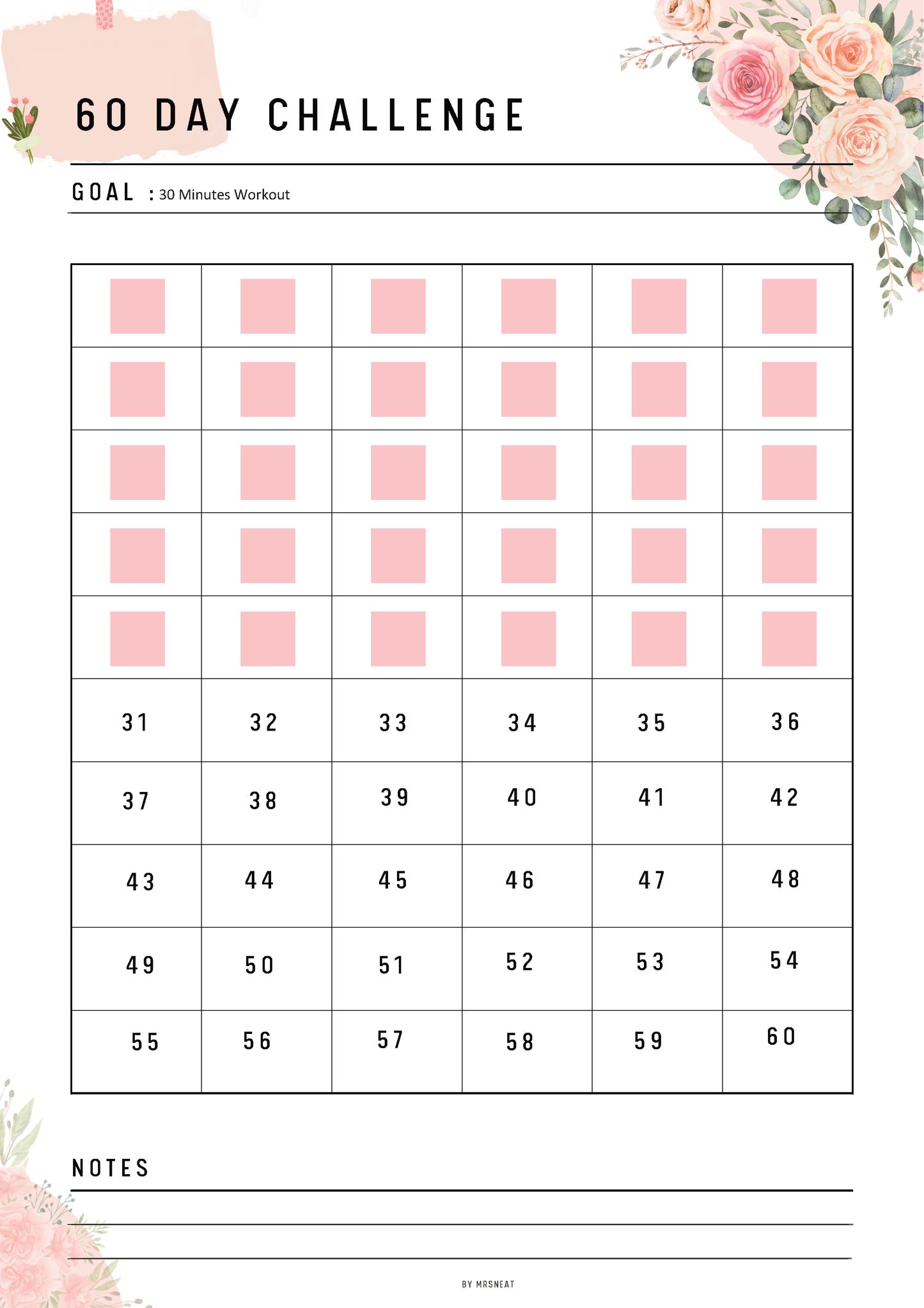 60 Day Challenge tracker with pink squares and floral decorations