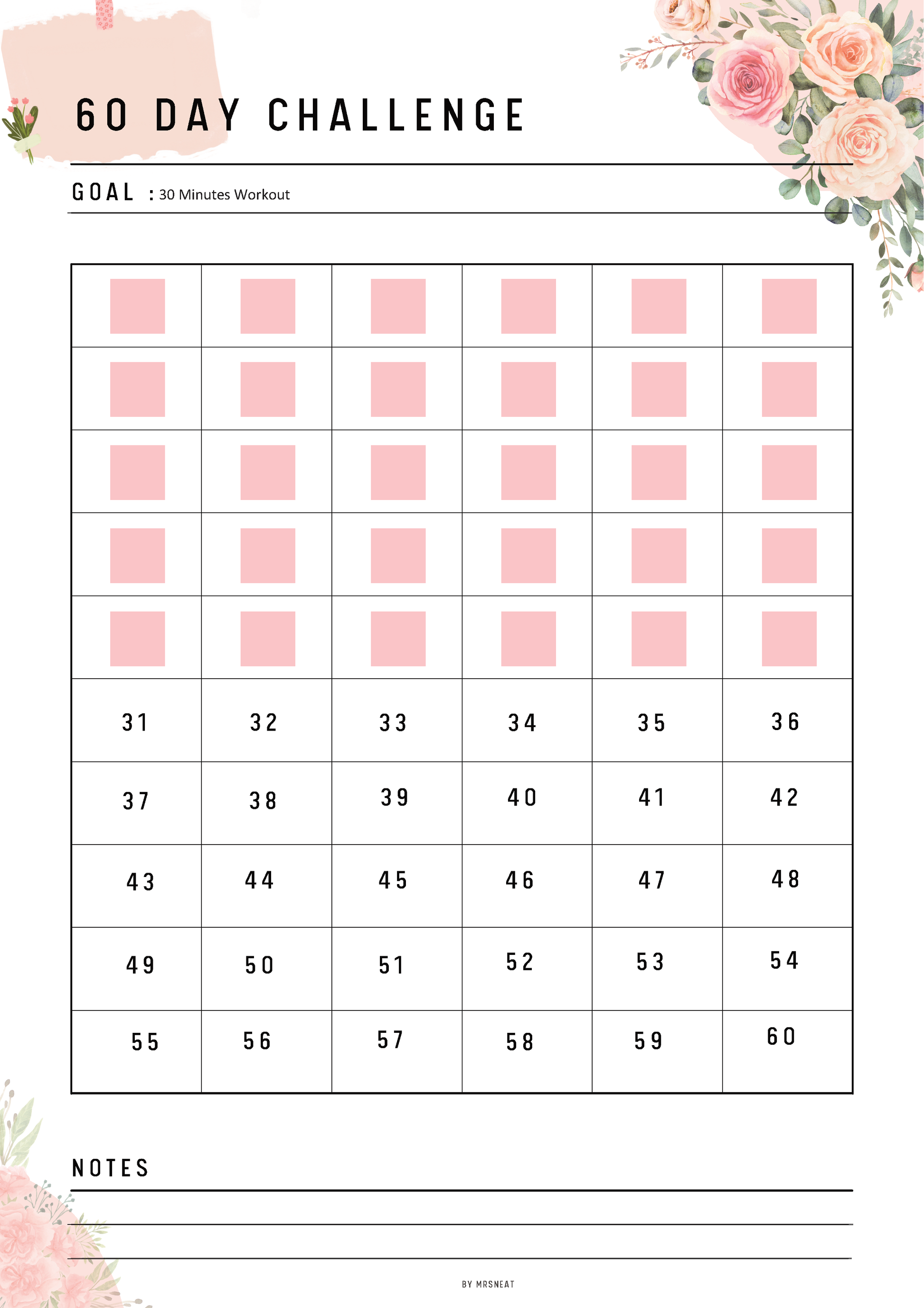 60 Day Challenge tracker with pink squares and floral decorations
