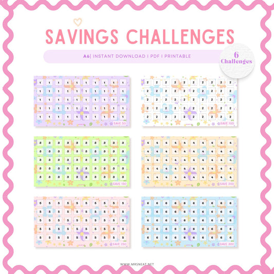 6 cute mini savings challenges, A6 size, colorful