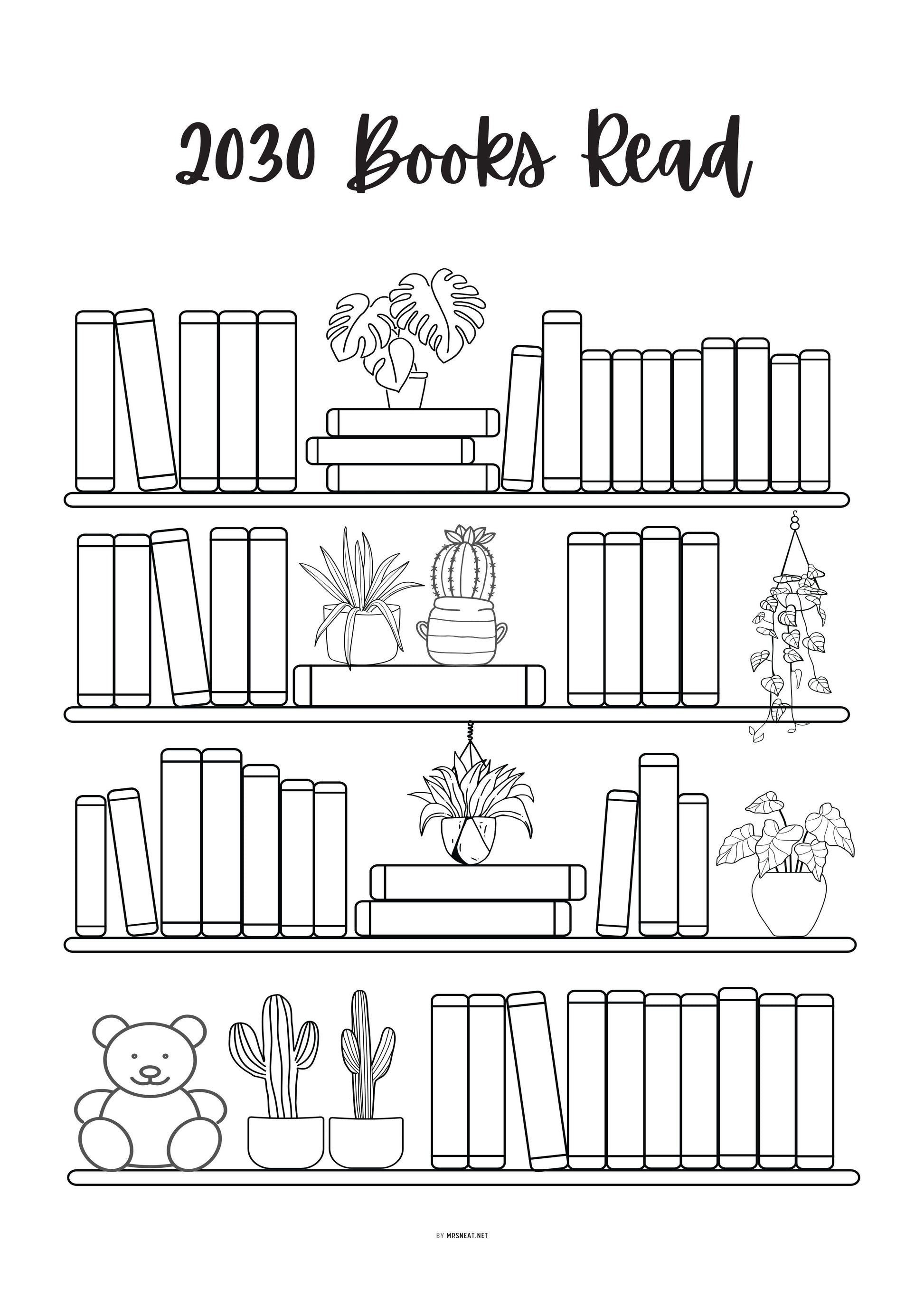 Black and white illustration of a bookshelf with books and plants, titled '2020 Books Read'.