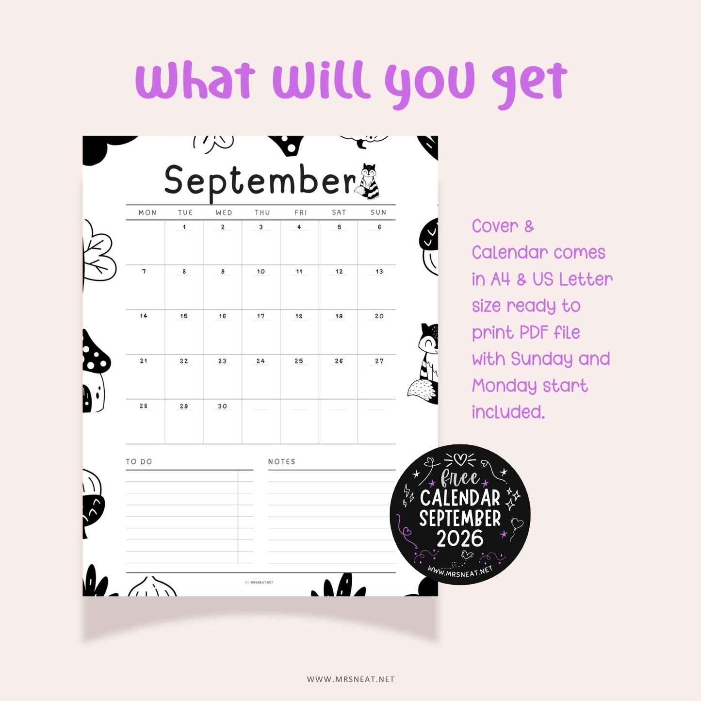 Cute September 2026 calendar printable in A4 and US Letter sizes