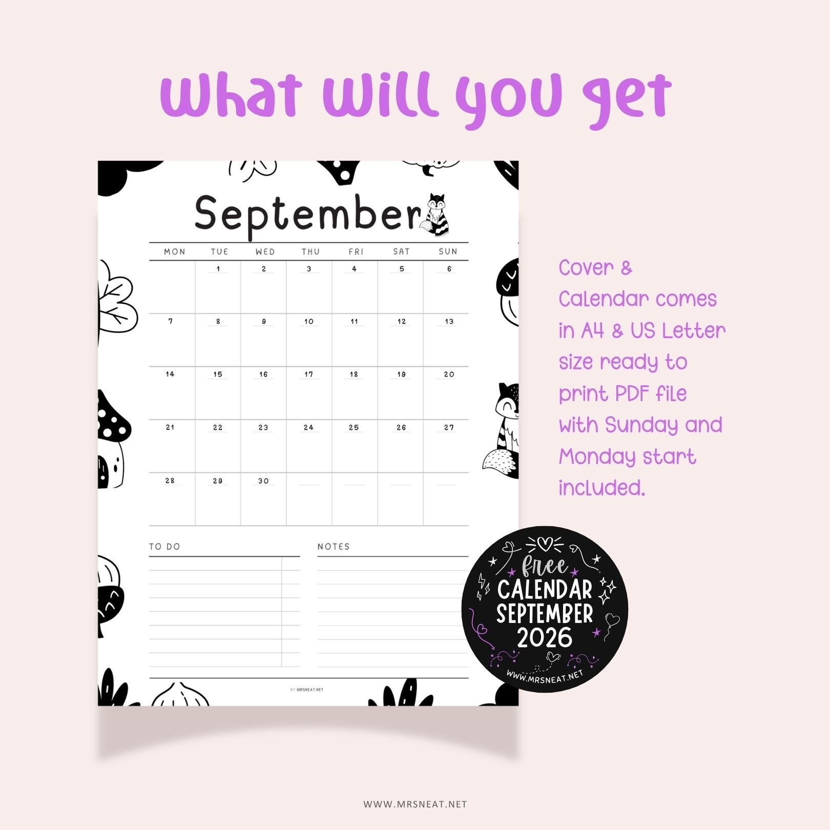 Cute September 2026 calendar printable in A4 and US Letter sizes