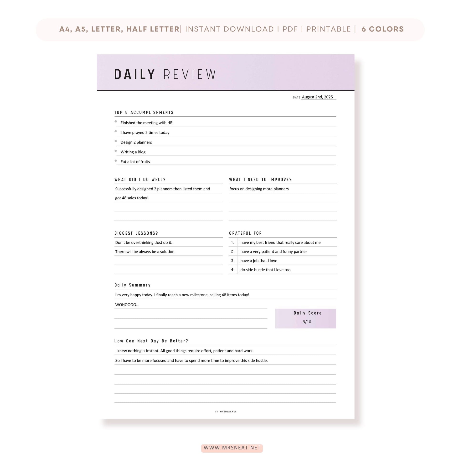 Daily Review Planner Template Printable