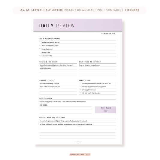 Daily Review Planner Template Printable