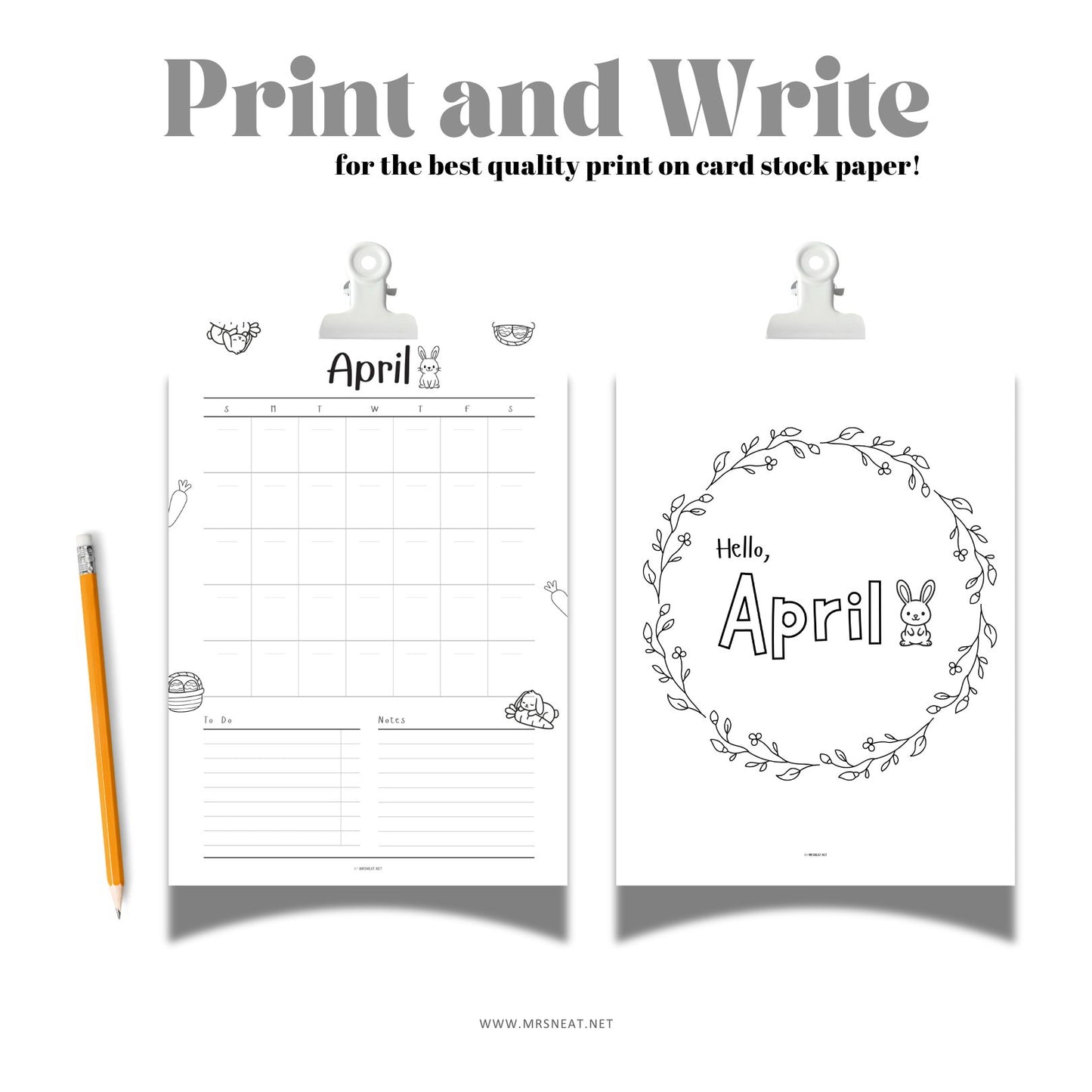 Two pages from a planner with April calendar and decorative text design, featuring a pencil on a white background.