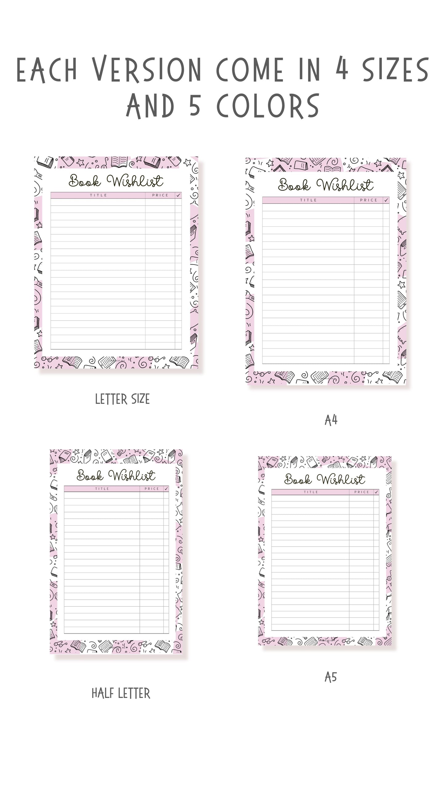 Colorful Book Wishlist Template Printable, 5 colors : Peach, Green, Blue, Pink and Neutral, A4, A5, Letter, Half Letter, Digital Planner