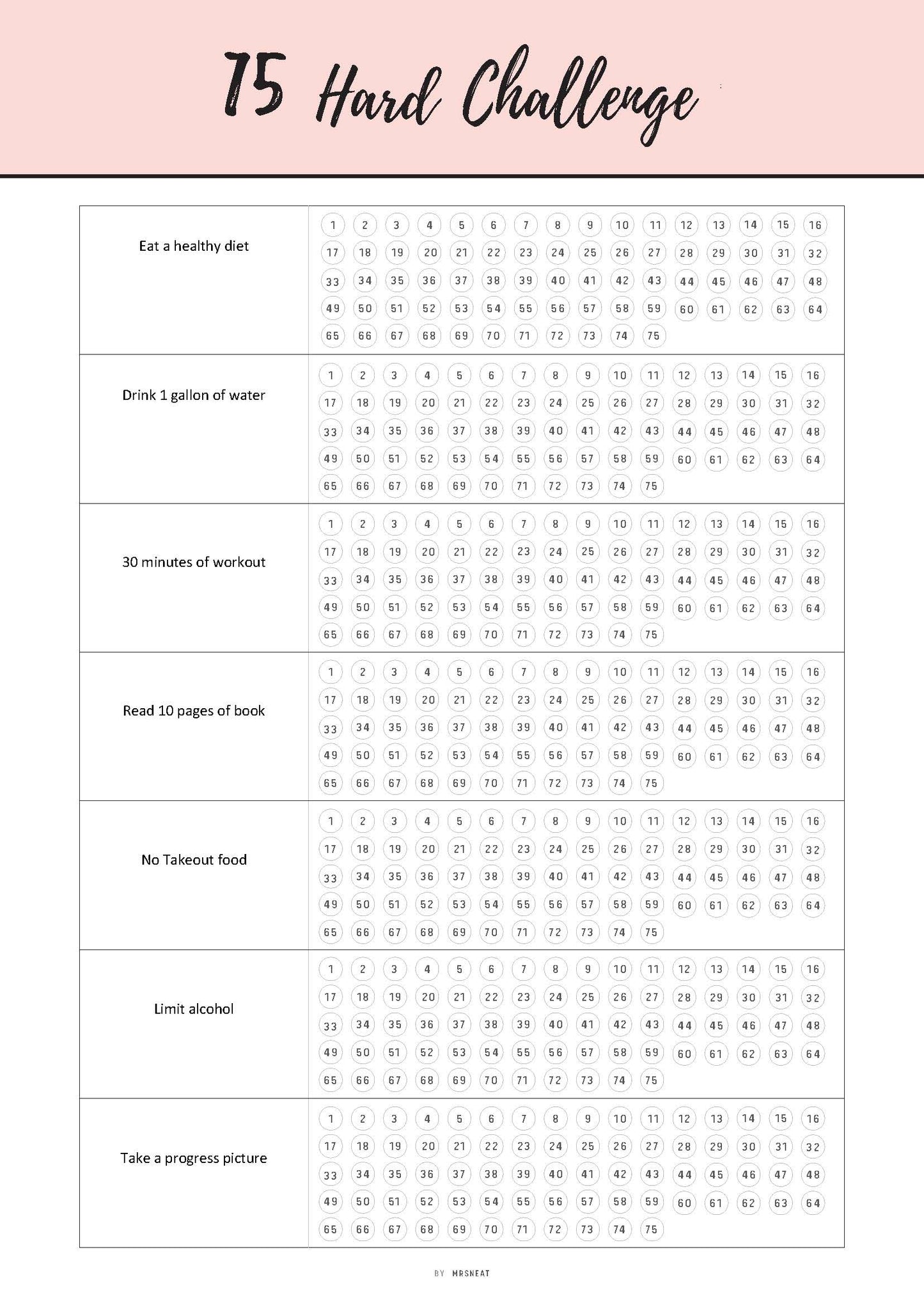 Printable 75 Hard Challenge Template