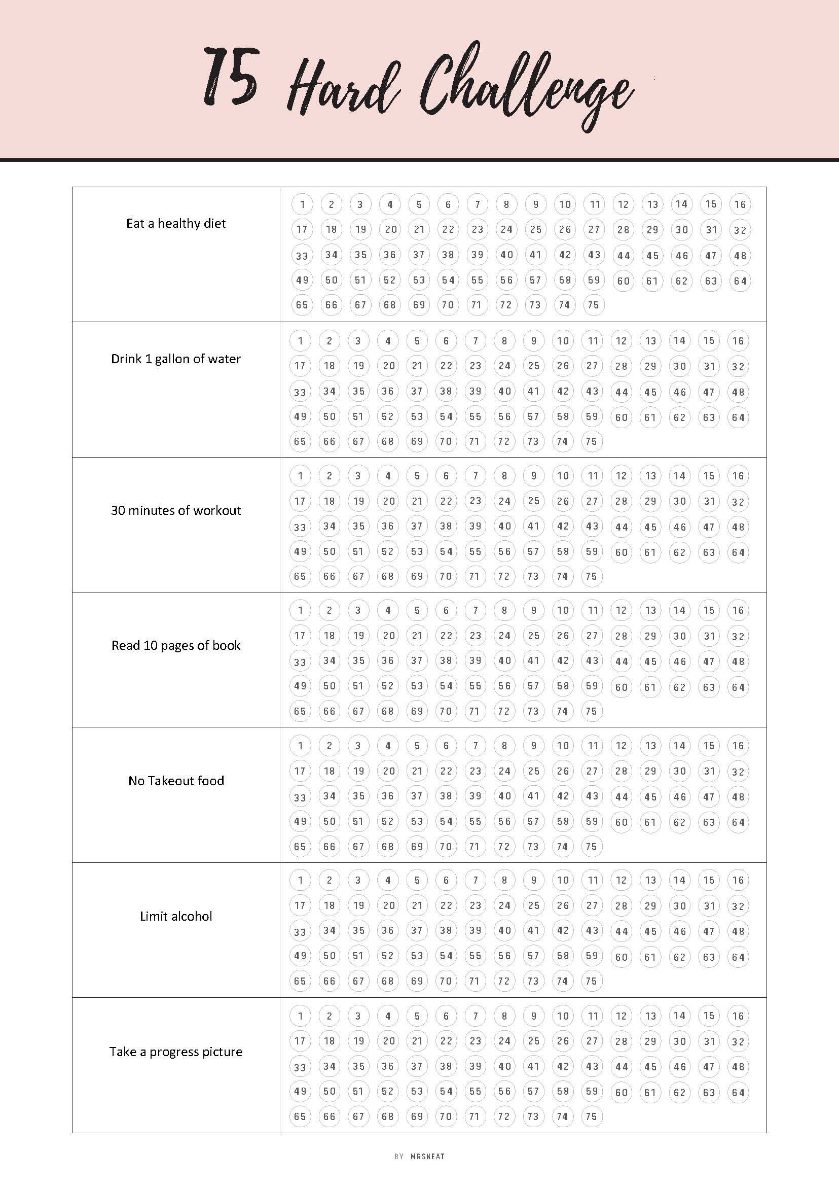 Printable 75 Hard Challenge Template