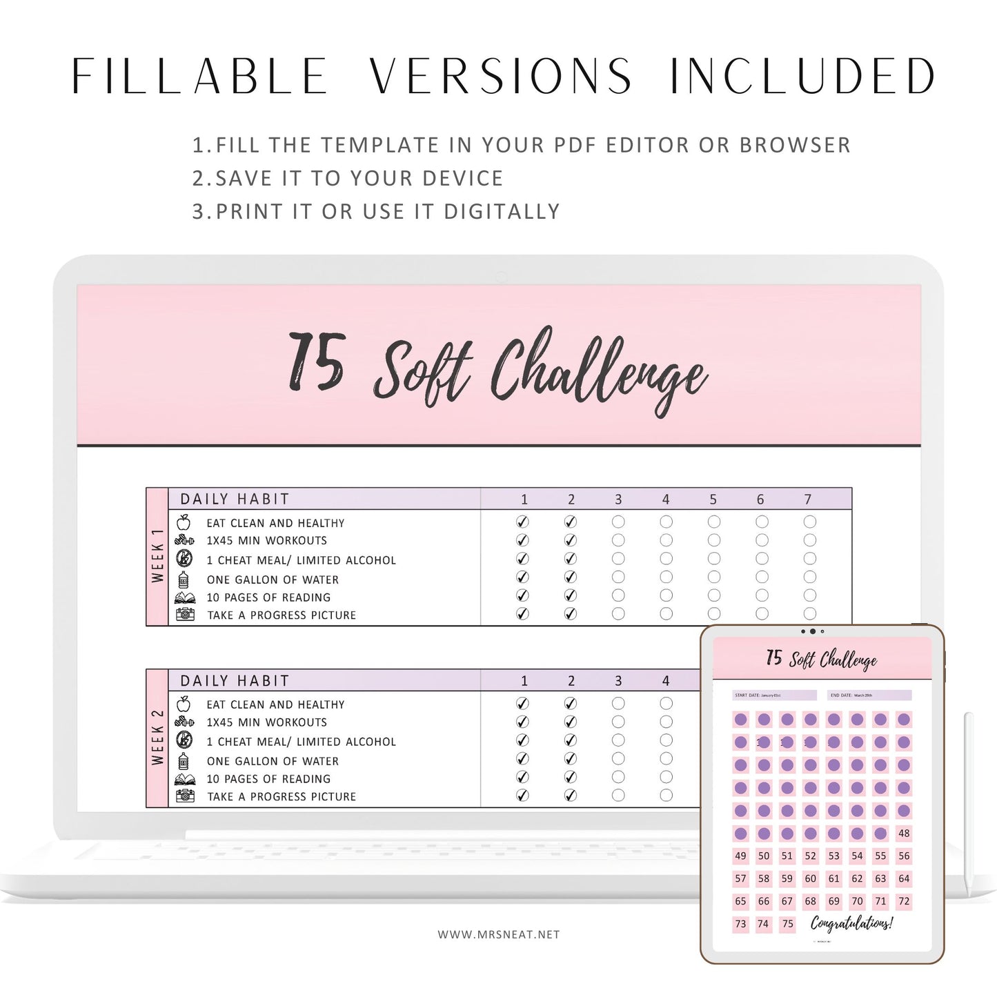 Fillable 75 Soft Challenge Tracker, 75 Medium Challenge Printable, PDF, A4, A5, Letter, Half Letter, 4 Pages, Pink Theme