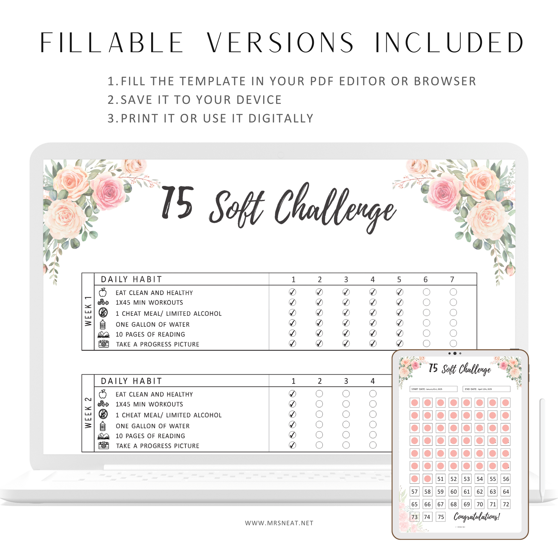 Floral 75 Soft Challenge Tracker Printable - M309