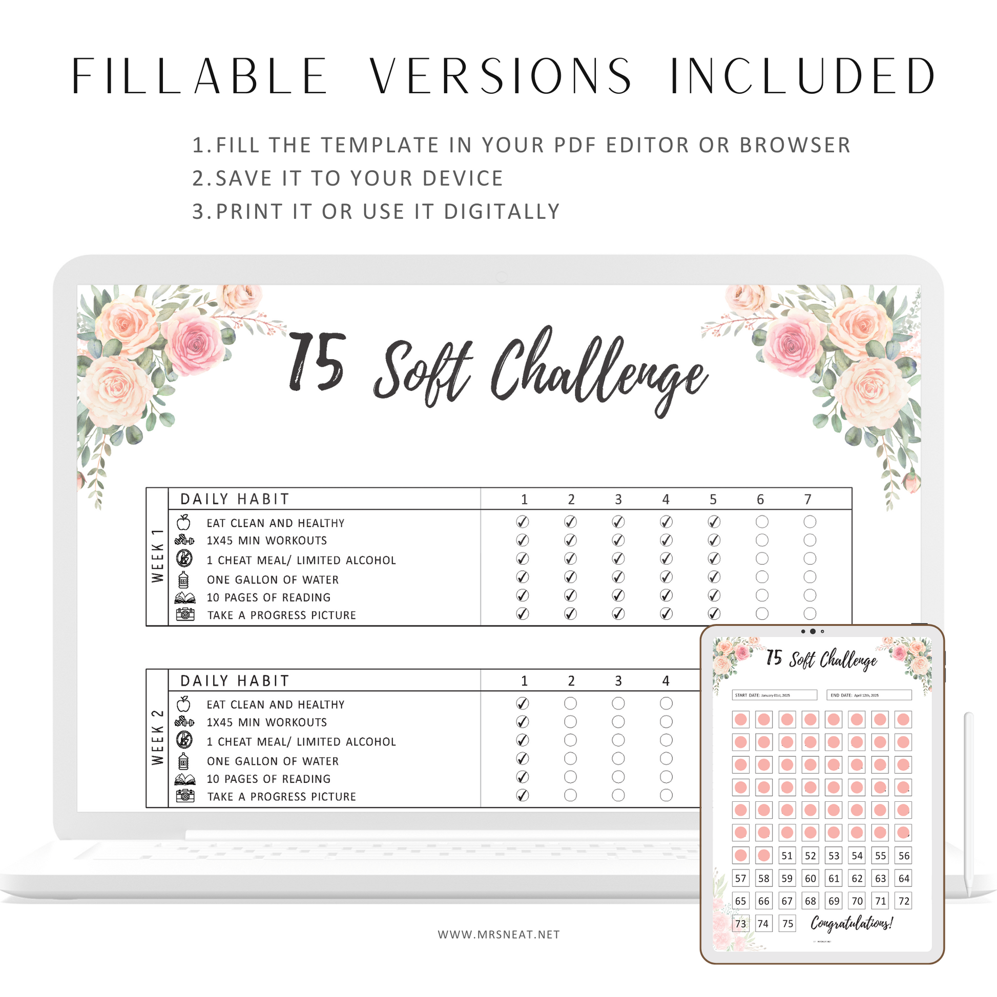 Fillable Floral 75 Soft Challenge Tracker Printable, 75 Day Challenge, Fitness Journal, Self Improvement, Weight Loss Challenge, 4 Pages