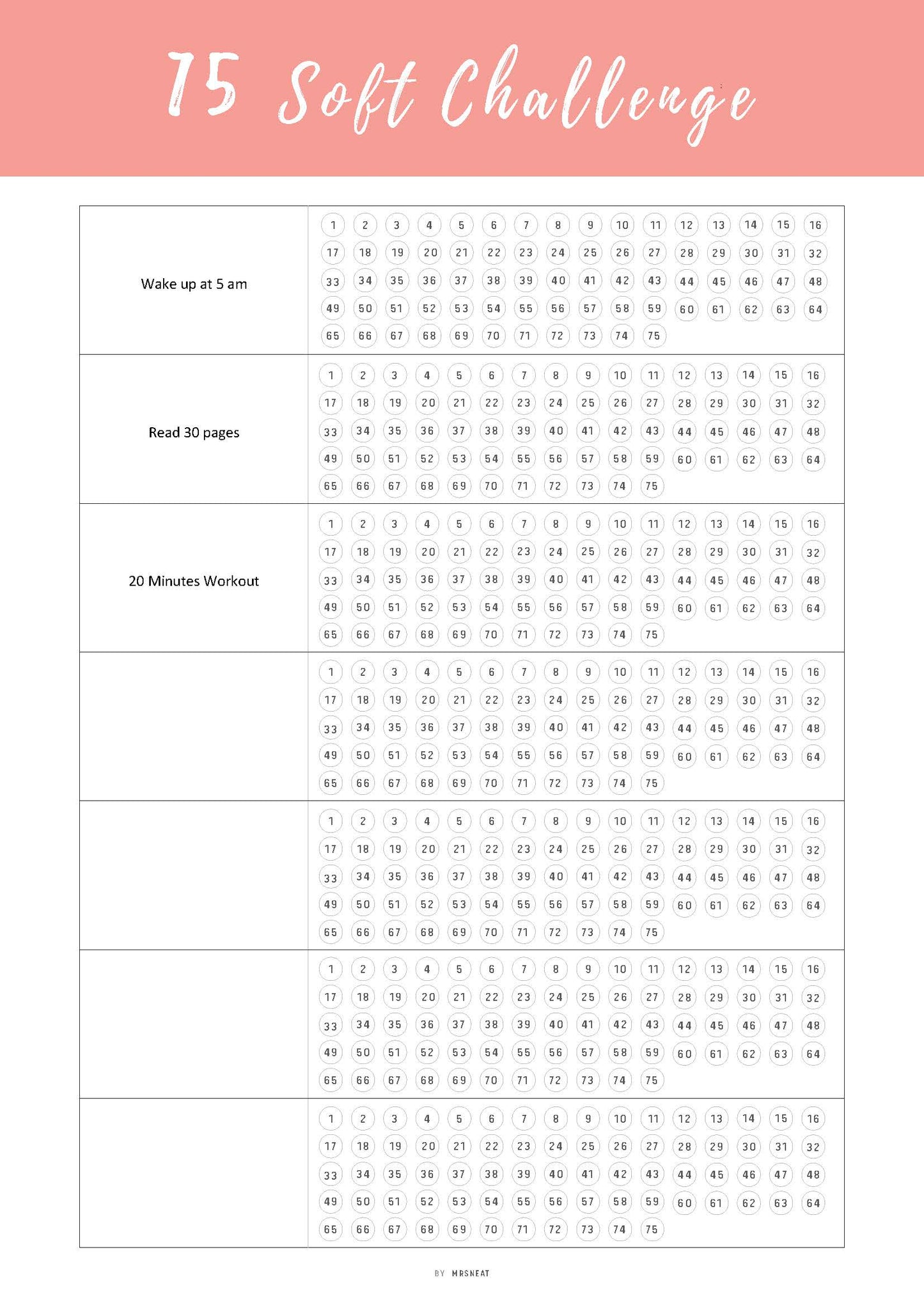 Printable 75 Soft Challenge Template, Fillable 75 soft challenge checklist page, Habit Tracker, Habit Challenge, A4, 10 colors, 2 versions