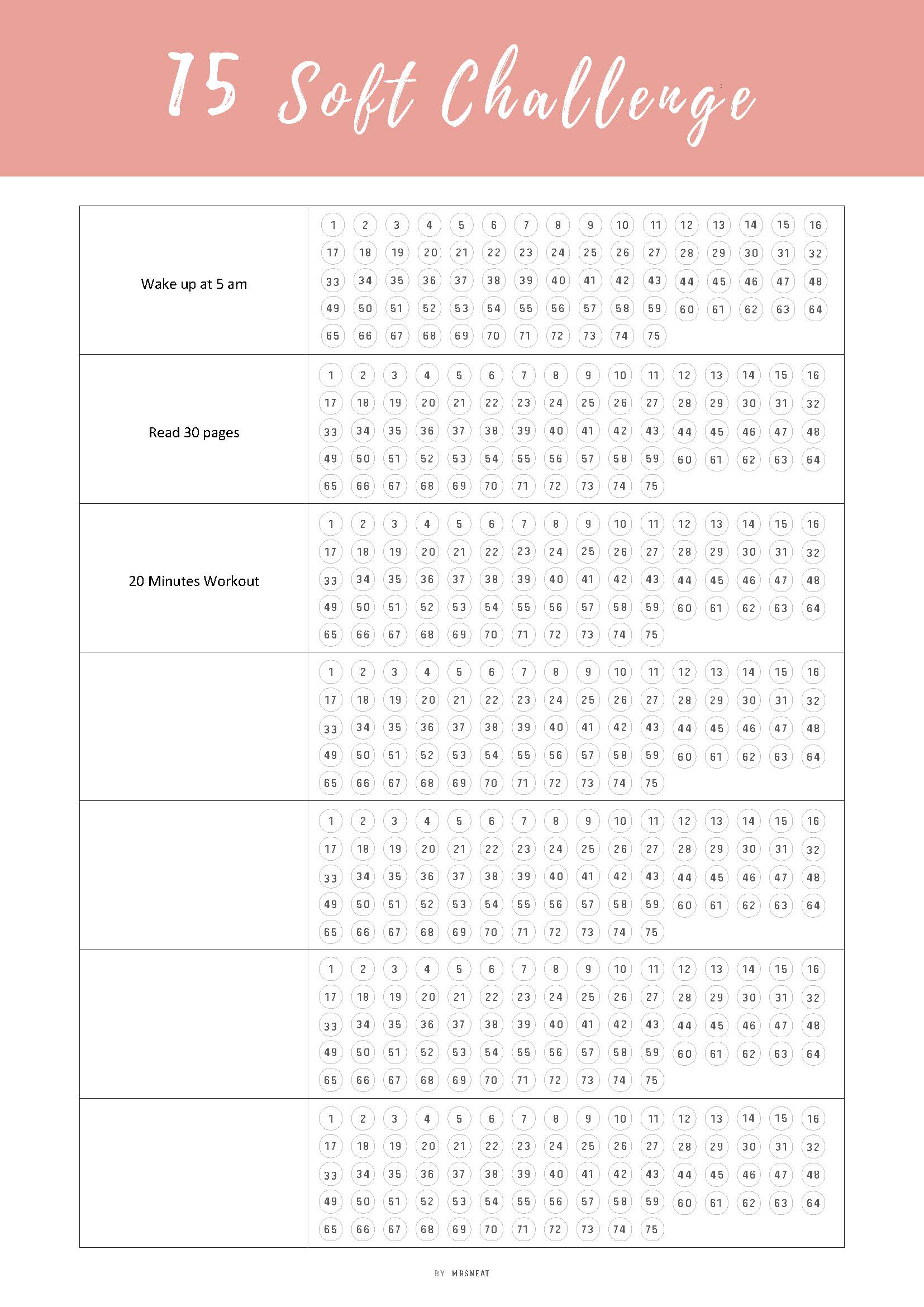 Printable 75 Soft Challenge Template, Fillable 75 soft challenge checklist page, Habit Tracker, Habit Challenge, A4, 10 colors, 2 versions