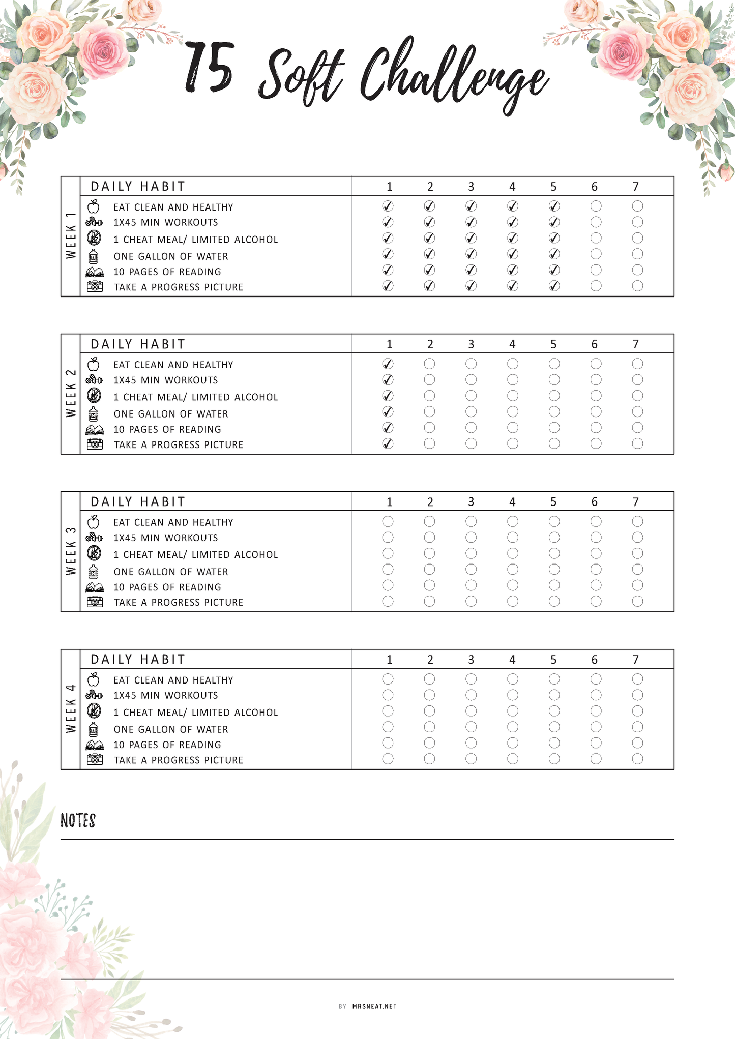 Fillable Floral 75 Soft Challenge Tracker Printable, 75 Day Challenge, Fitness Journal, Self Improvement, Weight Loss Challenge, 4 Pages