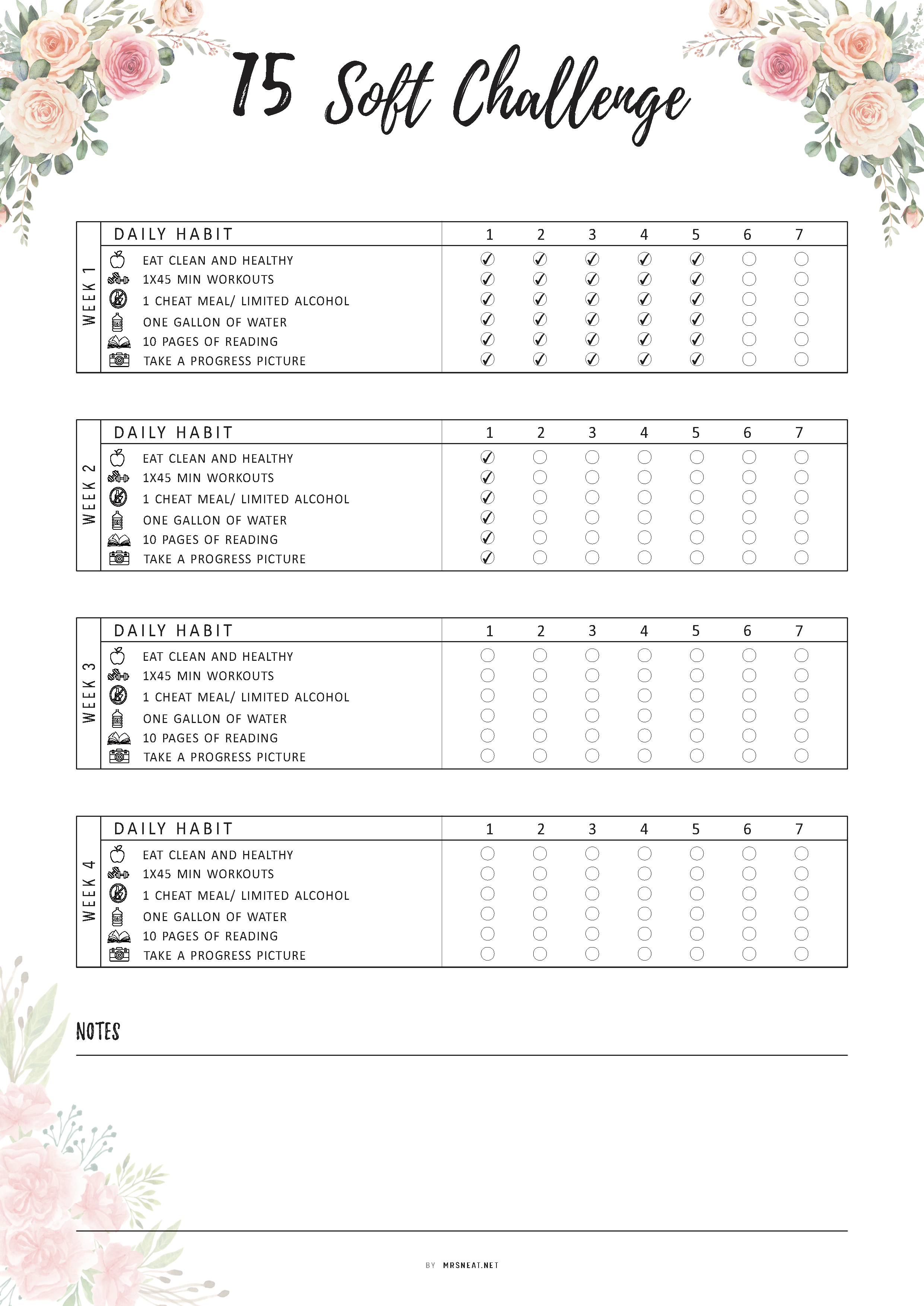 floral 75 soft challenge tracker printable - m309 – mrsneat