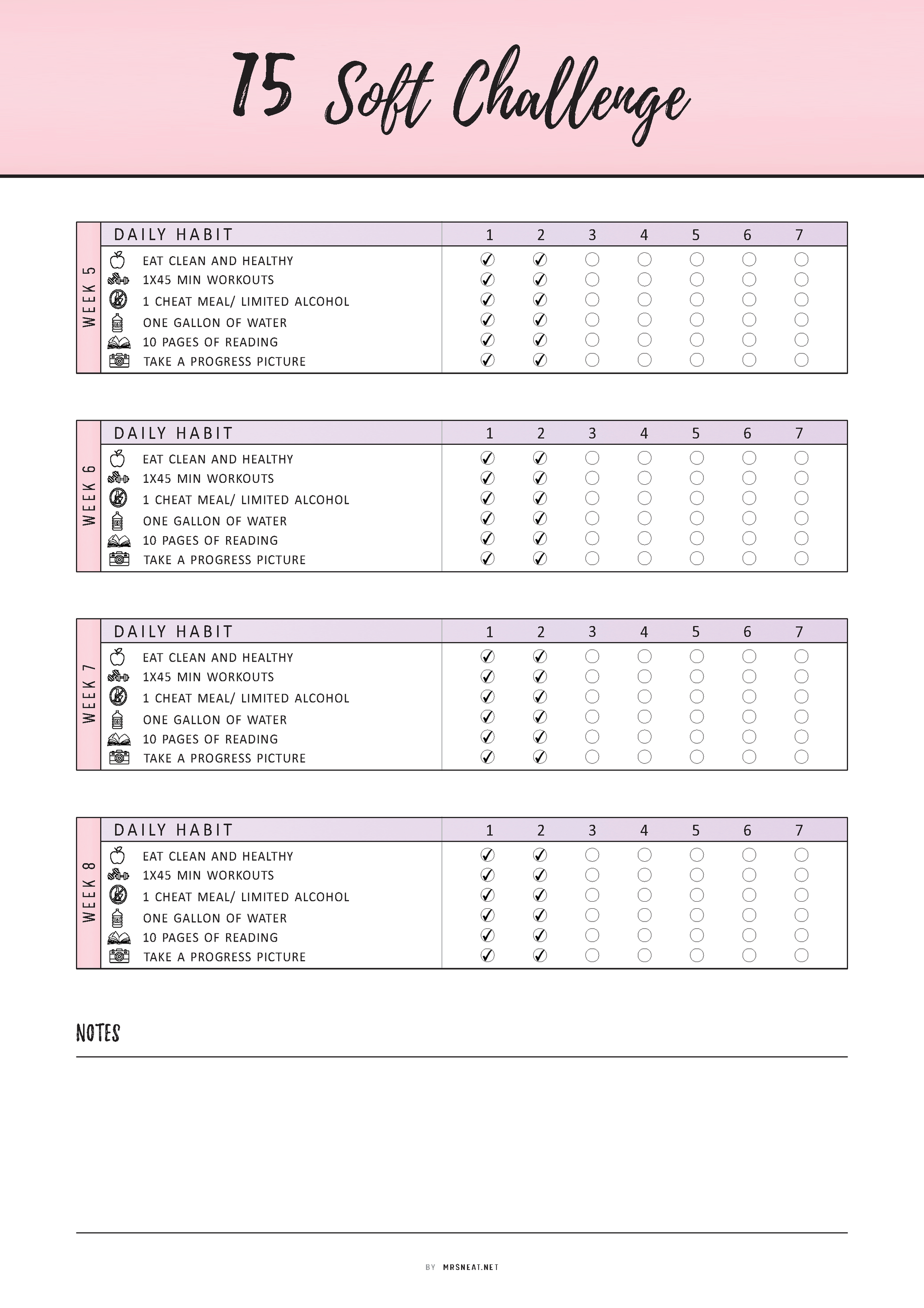 Fillable 75 Soft Challenge Tracker, 75 Medium Challenge Printable, PDF, A4, A5, Letter, Half Letter, 4 Pages, Pink Theme