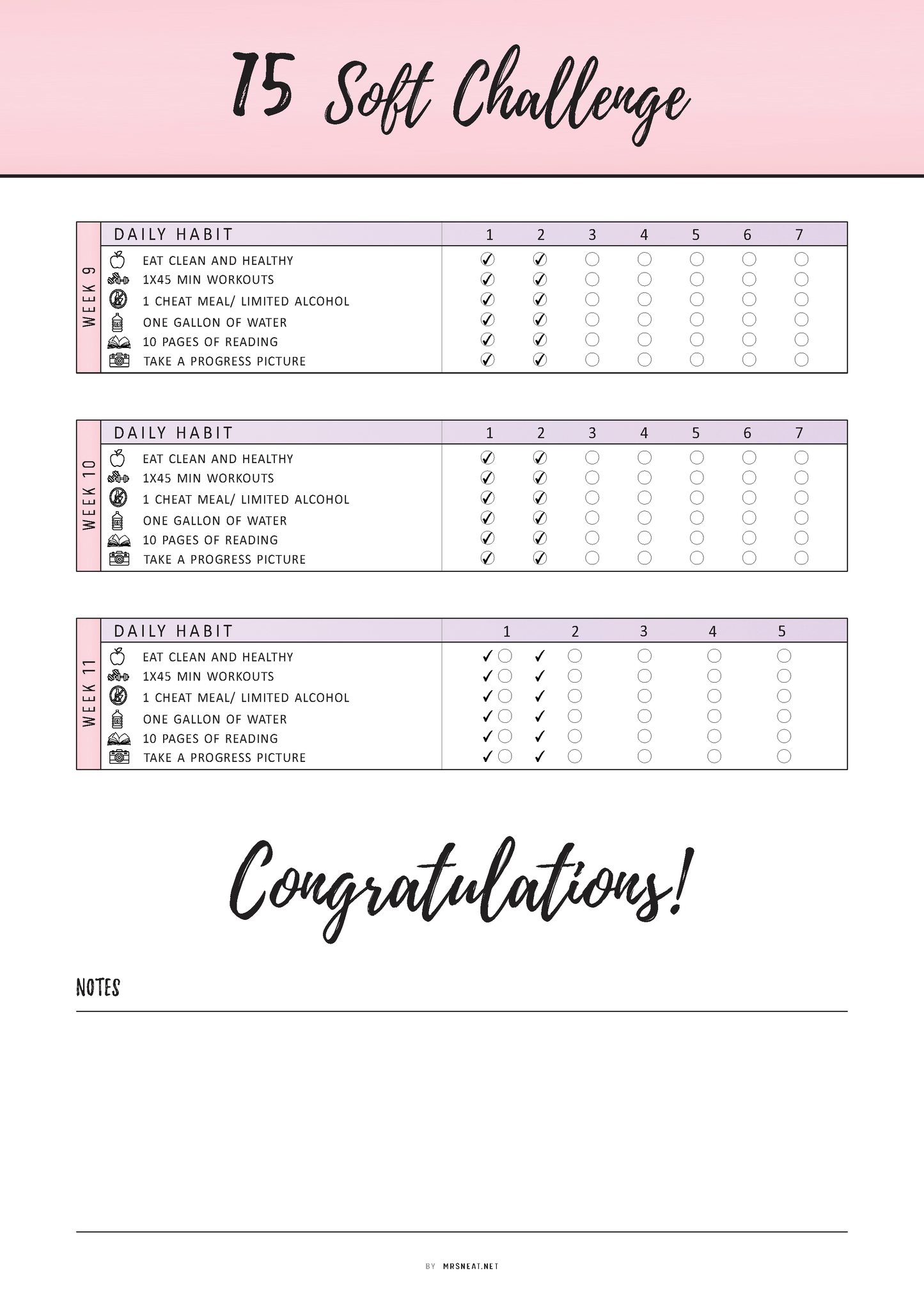 Fillable 75 Soft Challenge Tracker, 75 Medium Challenge Printable, PDF, A4, A5, Letter, Half Letter, 4 Pages, Pink Theme