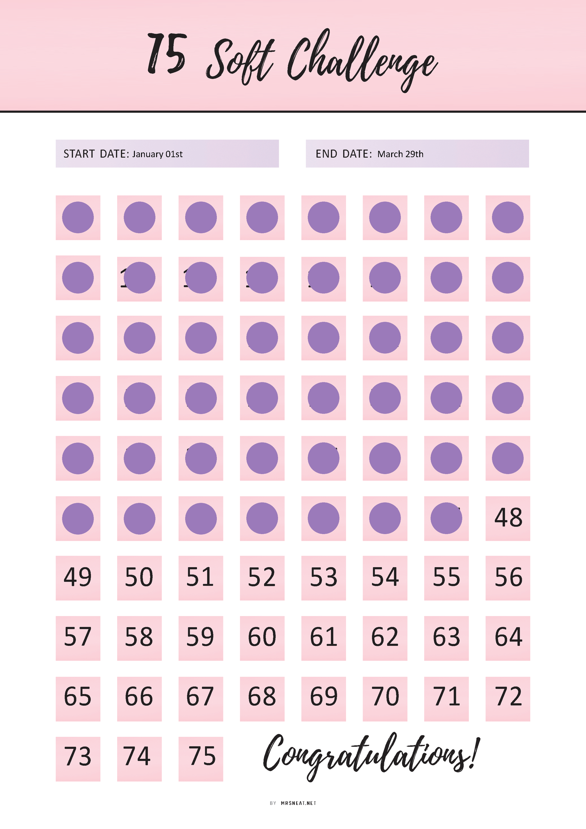 Fillable 75 Soft Challenge Tracker, 75 Medium Challenge Printable, PDF, A4, A5, Letter, Half Letter, 4 Pages, Pink Theme