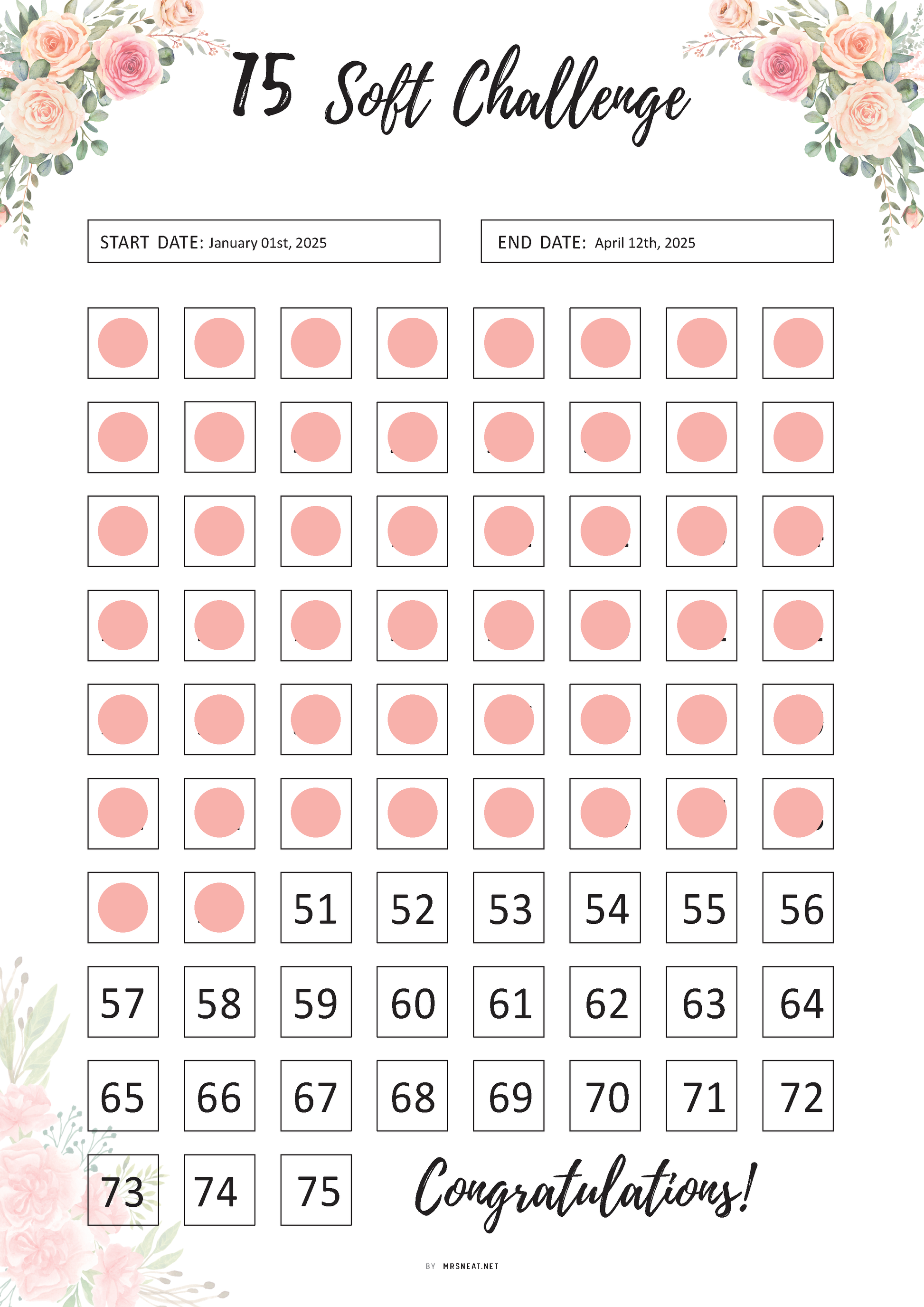 Fillable Floral 75 Soft Challenge Tracker Printable, 75 Day Challenge, Fitness Journal, Self Improvement, Weight Loss Challenge, 4 Pages