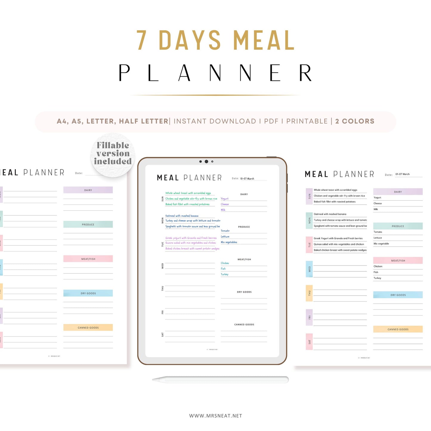 Fillable Weekly Meal Planner, PRINTABLE Journal Page, Food Planner Page, Printable Meal Plan Template, Weekly Meal Plan, Printable Meal Plan, Digital Planner, Printable Planner, A4, A5, Letter, Half Letter, 2 Colors, Sunday and Monday Start