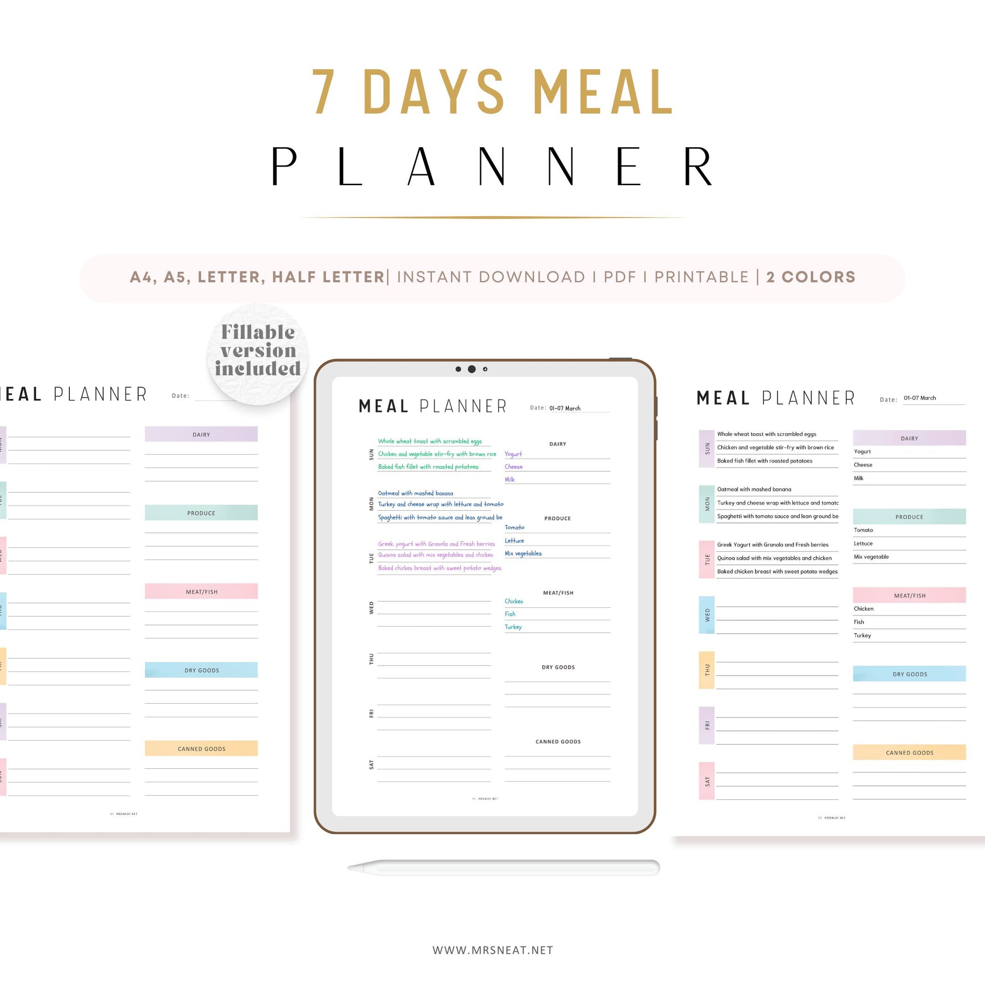 Fillable Weekly Meal Planner, PRINTABLE Journal Page, Food Planner Page, Printable Meal Plan Template, Weekly Meal Plan, Printable Meal Plan, Digital Planner, Printable Planner, A4, A5, Letter, Half Letter, 2 Colors, Sunday and Monday Start