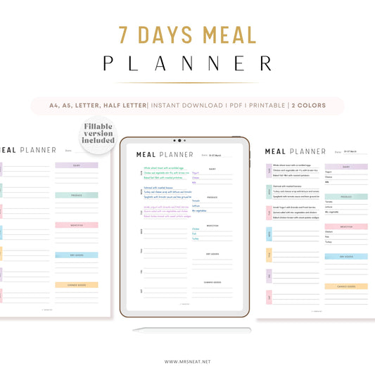 Fillable Weekly Meal Planner, PRINTABLE Journal Page, Food Planner Page, Printable Meal Plan Template, Weekly Meal Plan, Printable Meal Plan, Digital Planner, Printable Planner, A4, A5, Letter, Half Letter, 2 Colors, Sunday and Monday Start