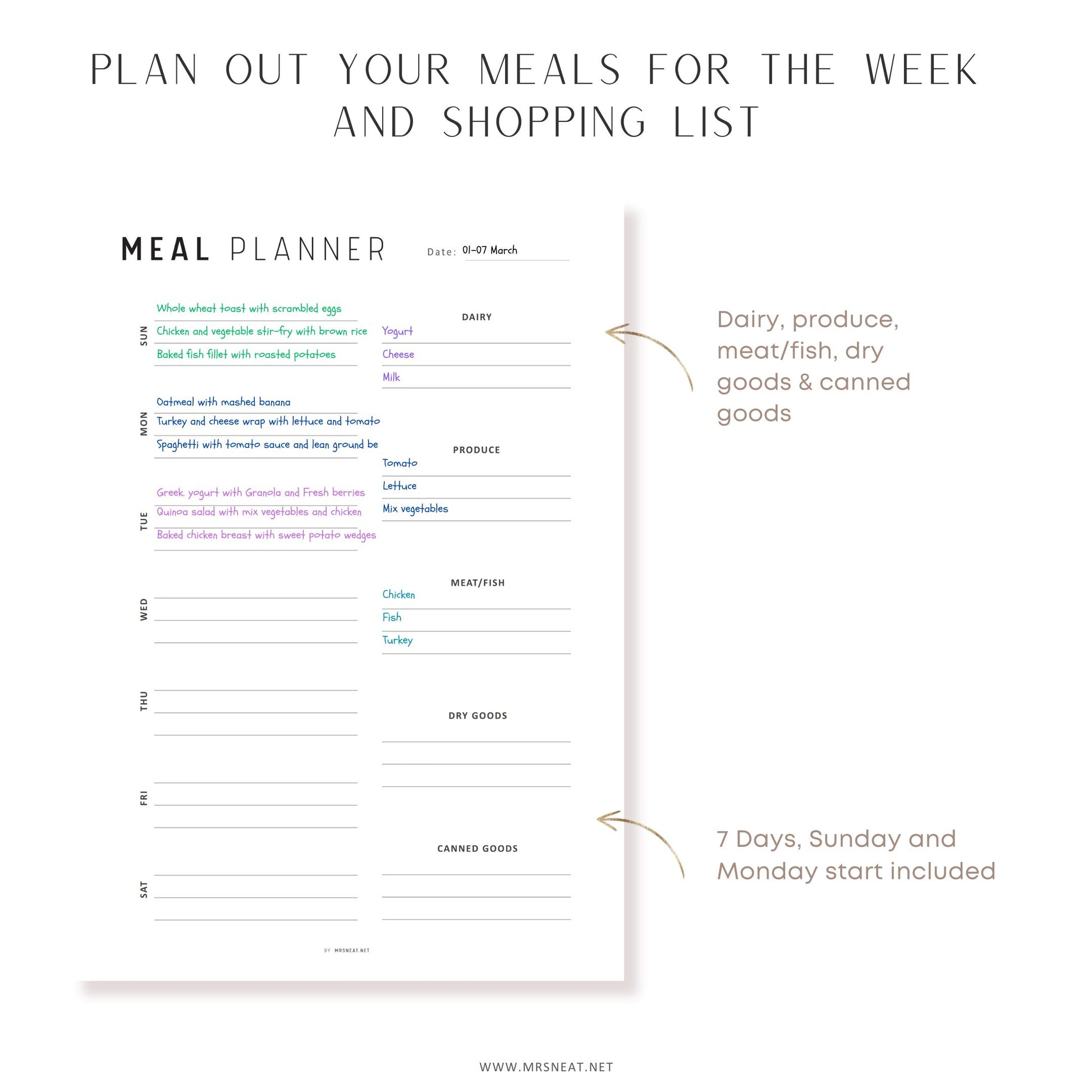 Fillable Weekly Meal Planner, PRINTABLE Journal Page, Food Planner Page, Printable Meal Plan Template, Weekly Meal Plan, Printable Meal Plan, Digital Planner, Printable Planner, A4, A5, Letter, Half Letter, 2 Colors, Sunday and Monday Start