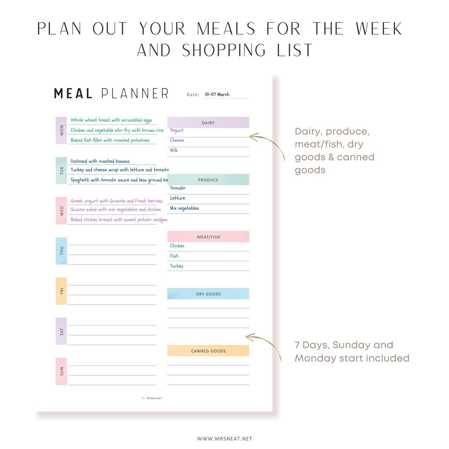 Fillable Weekly Meal Planner, PRINTABLE Journal Page, Food Planner Page, Printable Meal Plan Template, Weekly Meal Plan, Printable Meal Plan, Digital Planner, Printable Planner, A4, A5, Letter, Half Letter, 2 Colors, Sunday and Monday Start