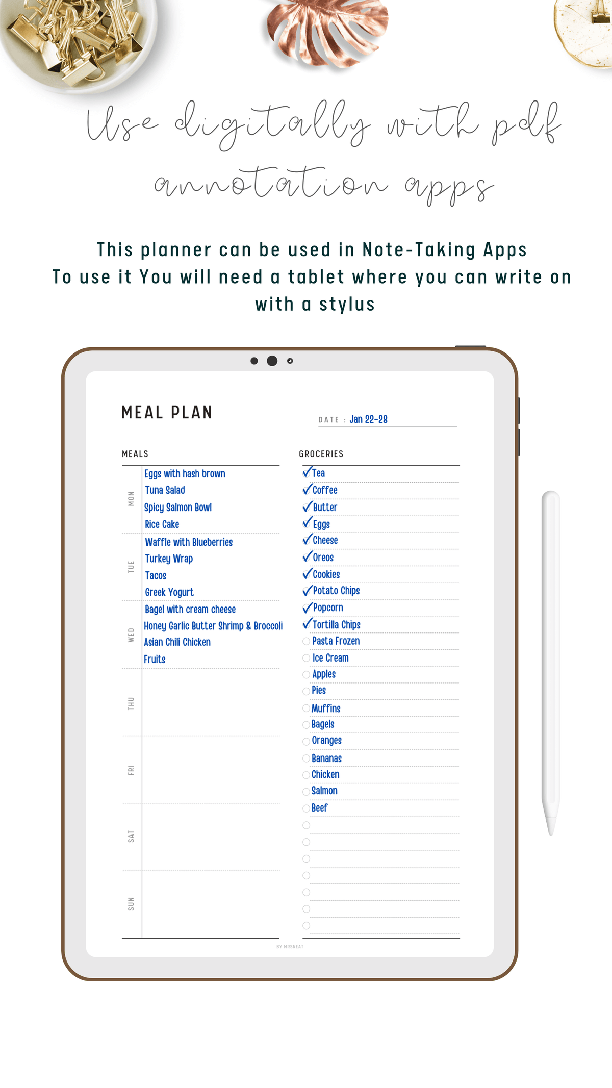Weekly Meal Planner & Grocery Shopping List Printable - M183 – mrsneat
