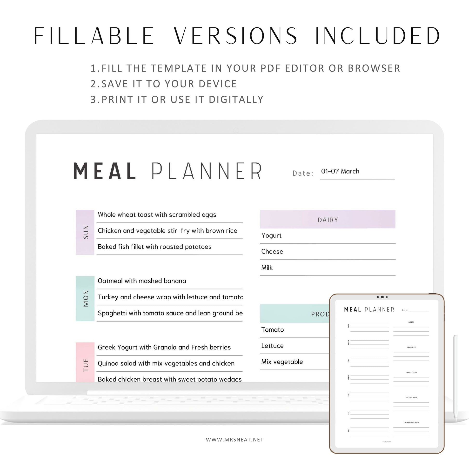 Fillable Weekly Meal Planner, PRINTABLE Journal Page, Food Planner Page, Printable Meal Plan Template, Weekly Meal Plan, Printable Meal Plan, Digital Planner, Printable Planner, A4, A5, Letter, Half Letter, 2 Colors, Sunday and Monday Start