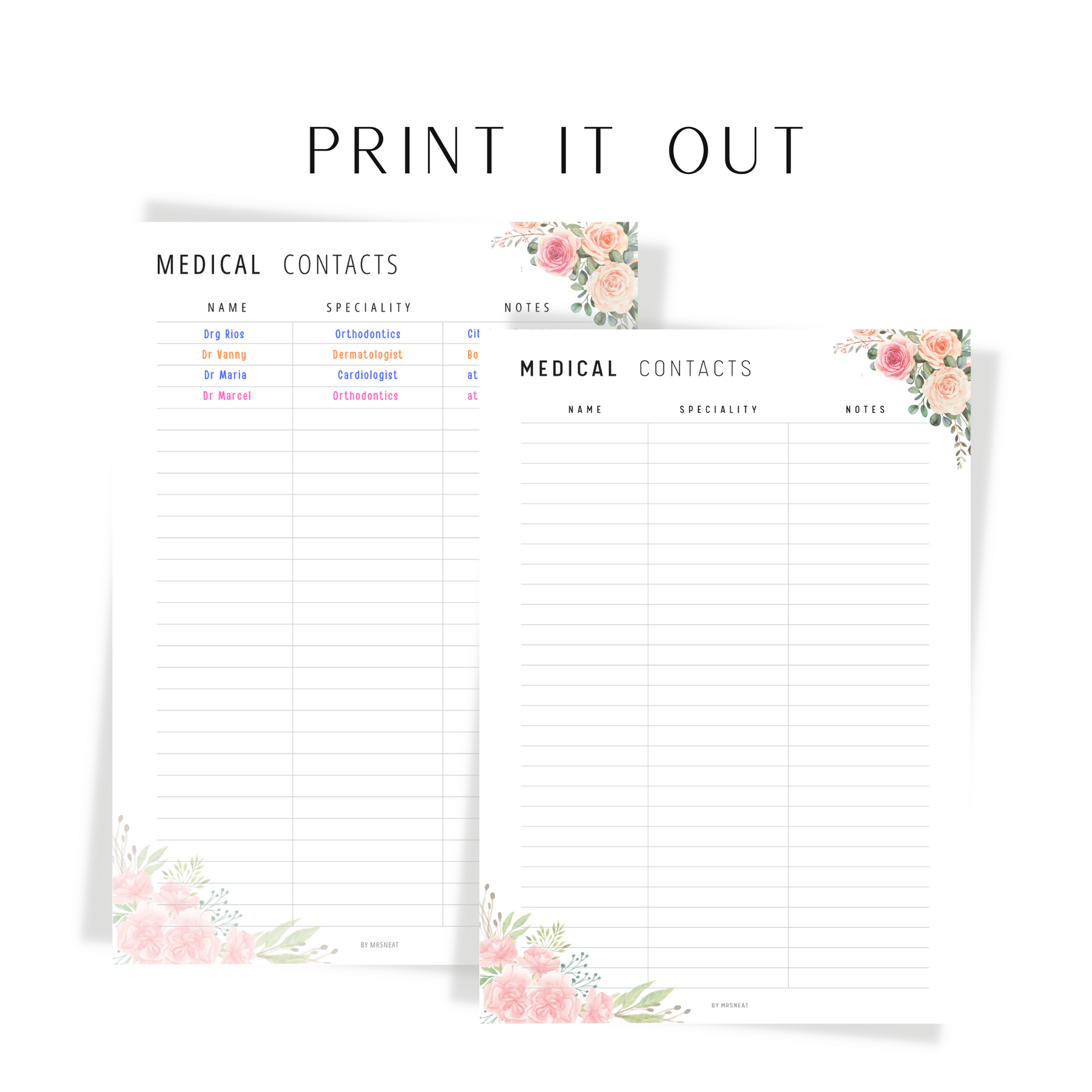 Floral Medical Contact List Printable