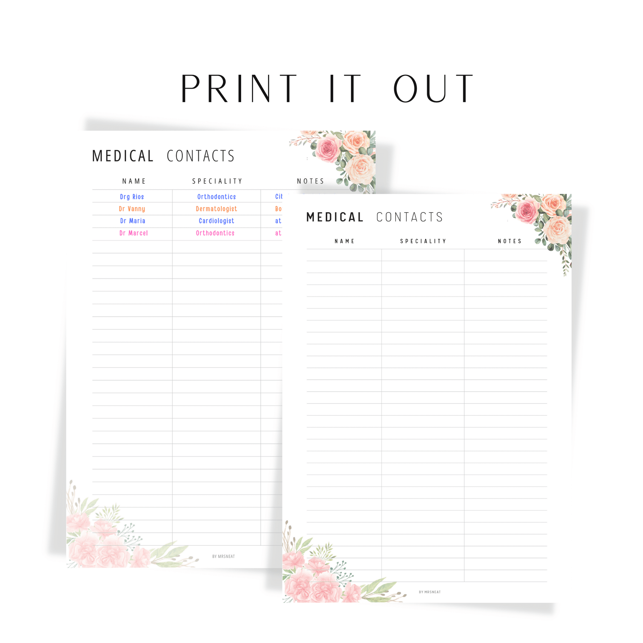 Floral Medical Contact List Printable – mrsneat