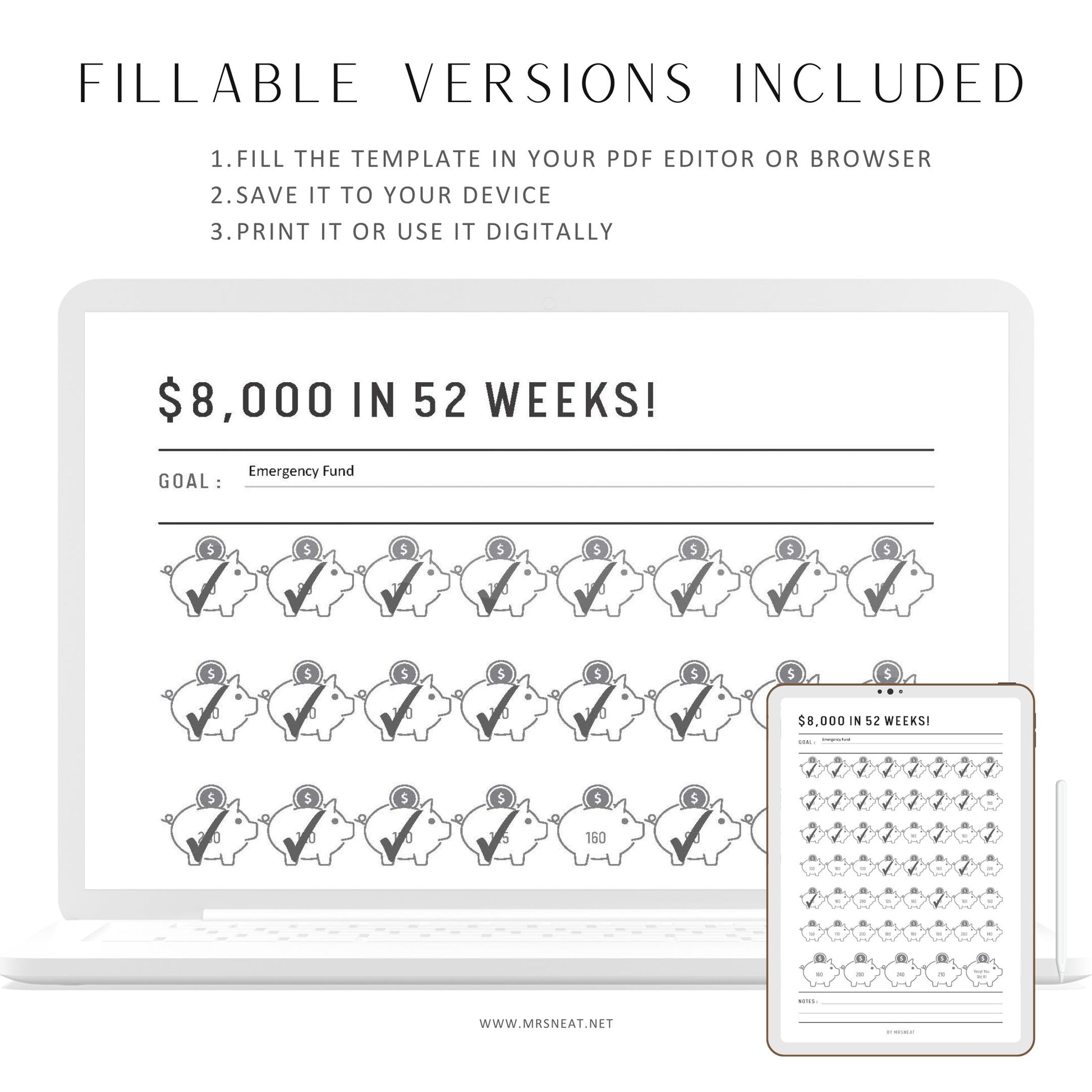 Fillable 8000 Money Savings Challenge Printable in 52 Weeks, PDF, A4, Half Letter, Letter, A5