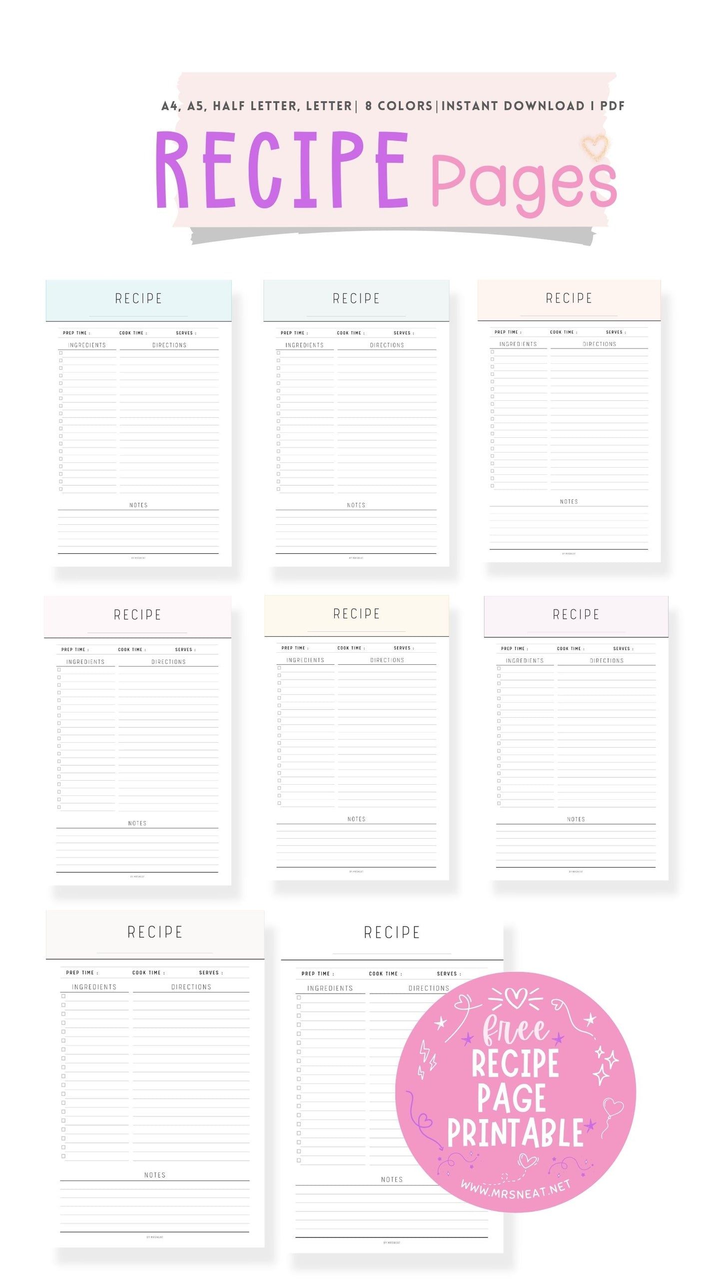 Free 8 beautiful color recipe page template printable