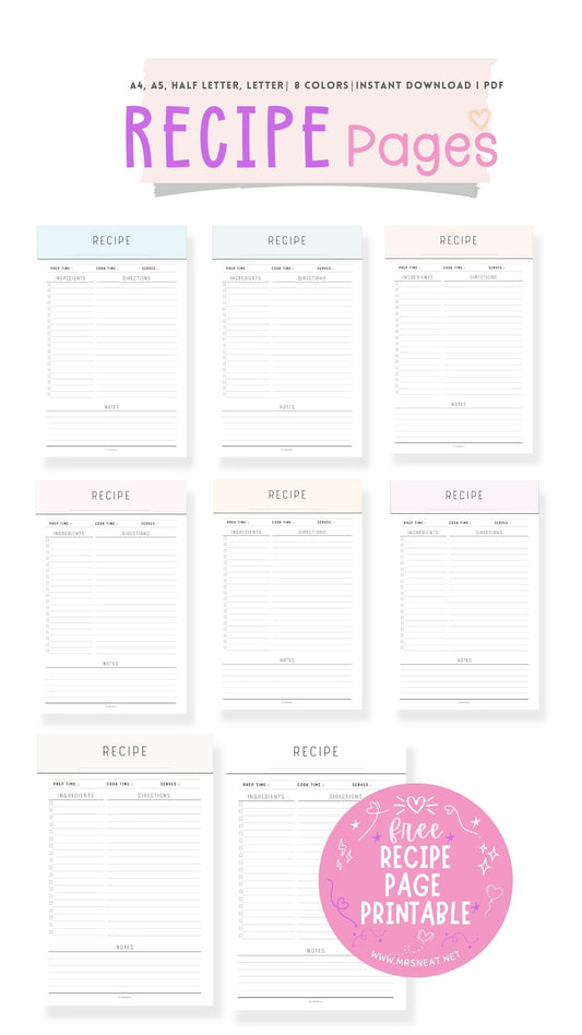 Free 8 beautiful color recipe page template printable