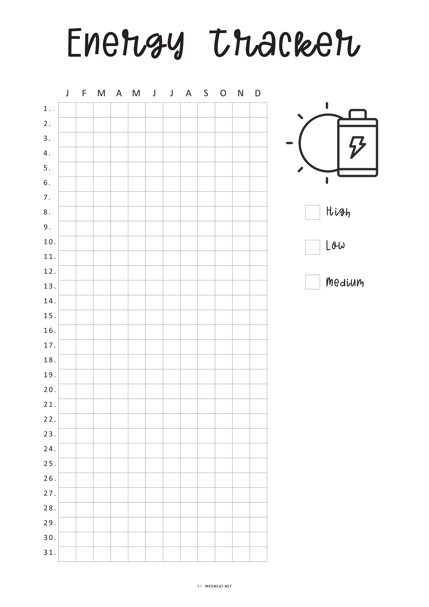 Yearly Energy Tracker Template, Energy Level Template PDF, Mood Tracker, Health Journal, Health Log, Health Tracker Template, A4, A5, Letter, Half Letter, PDF, 2 versions