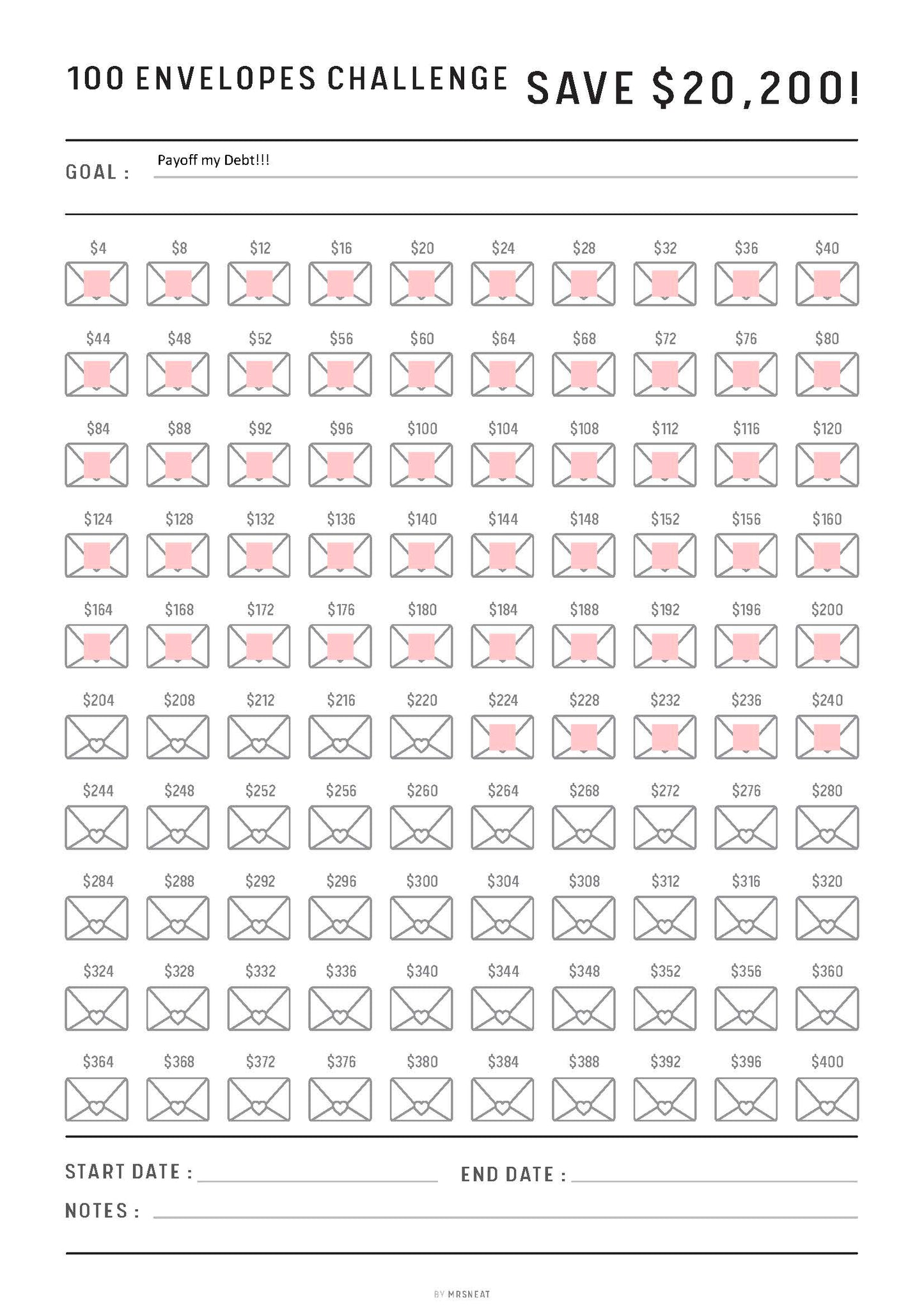 20200 Savings Challenge Printable, Saving Tracker Template, Fillable 100 Envelope Challenge, PDF, A4, Letter, Half Letter, A5