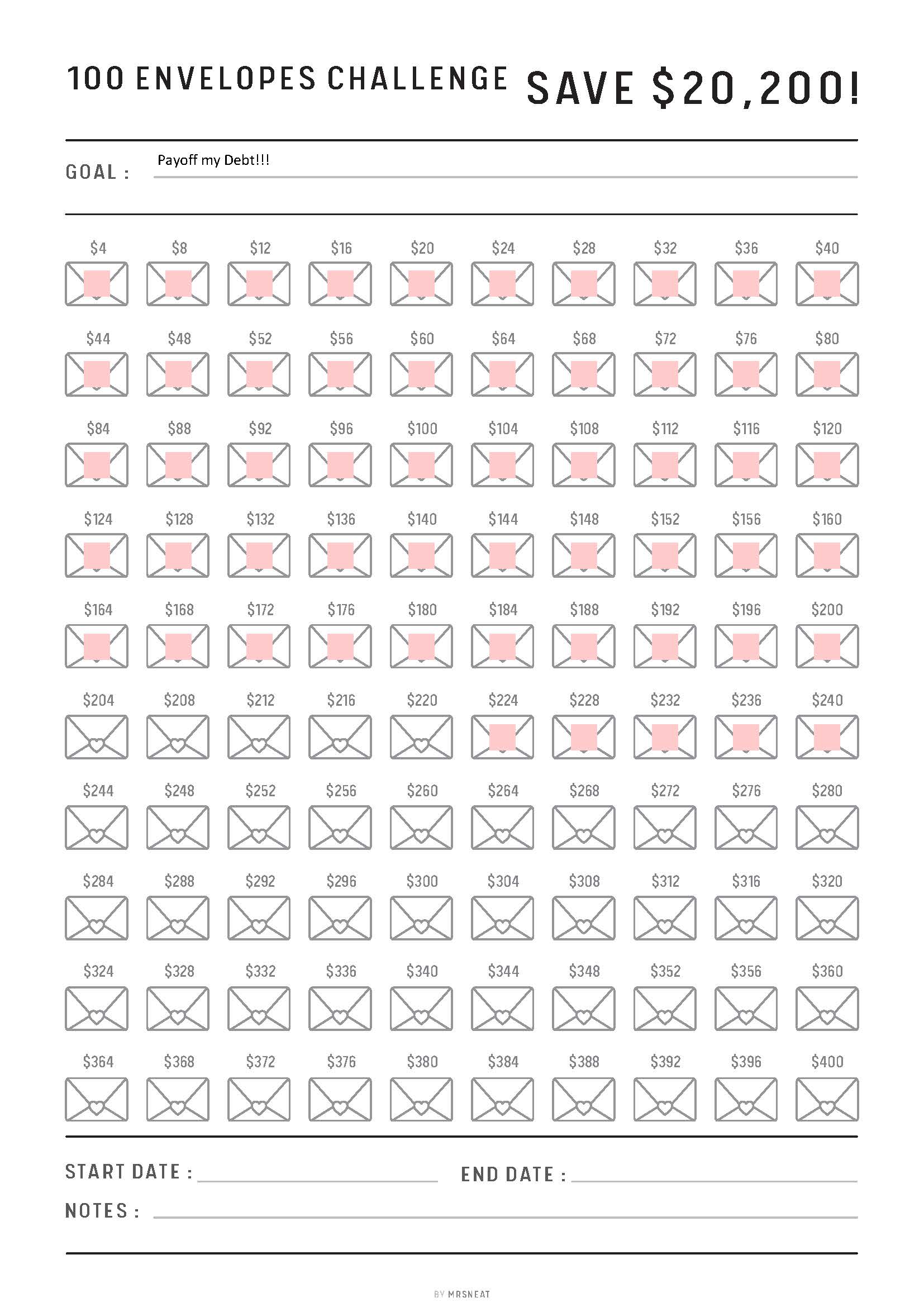 20200 Savings Challenge Printable, Saving Tracker Template, Fillable 100 Envelope Challenge, PDF, A4, Letter, Half Letter, A5