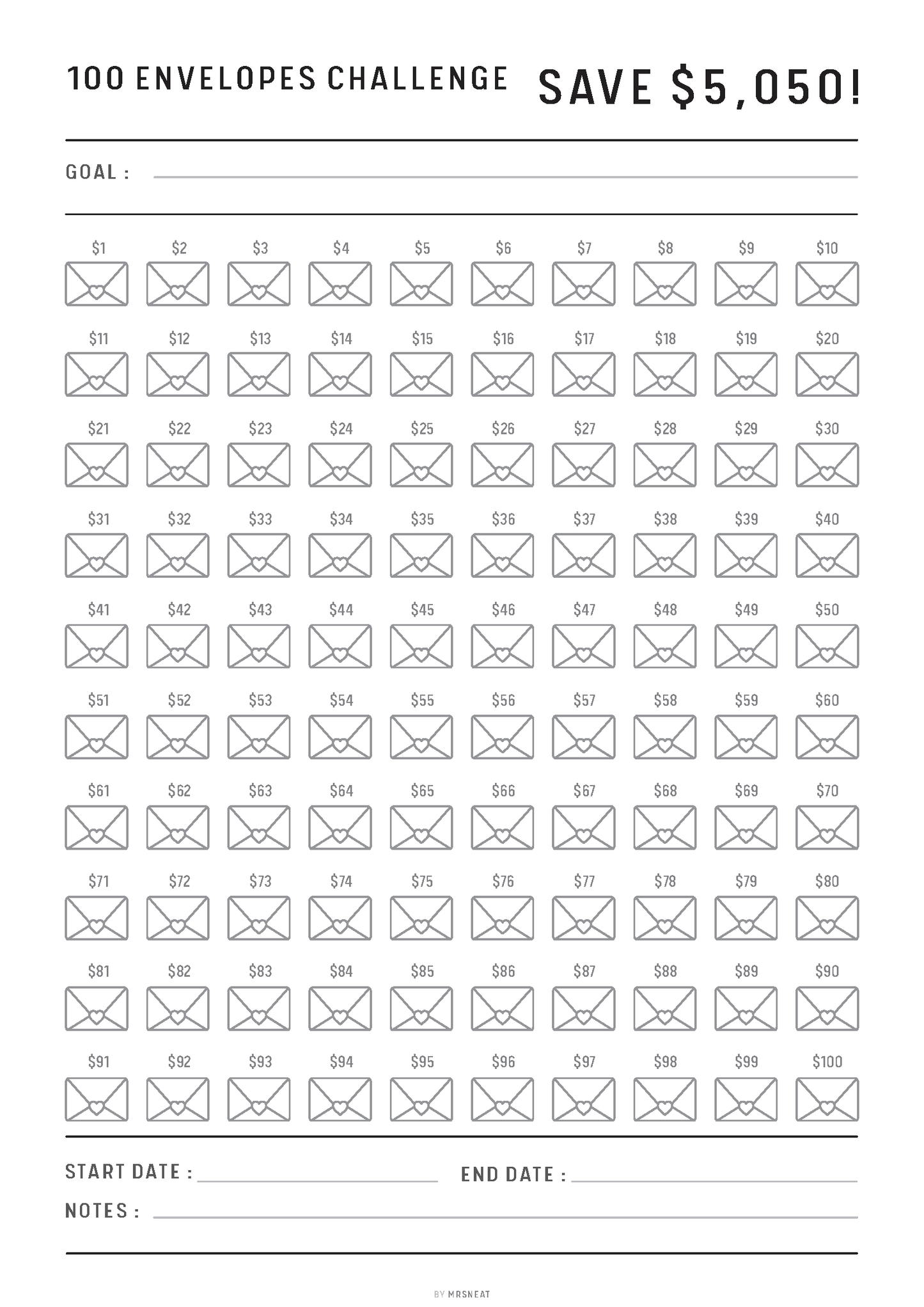 Sheet with 100 envelope illustrations and text about a savings challenge.