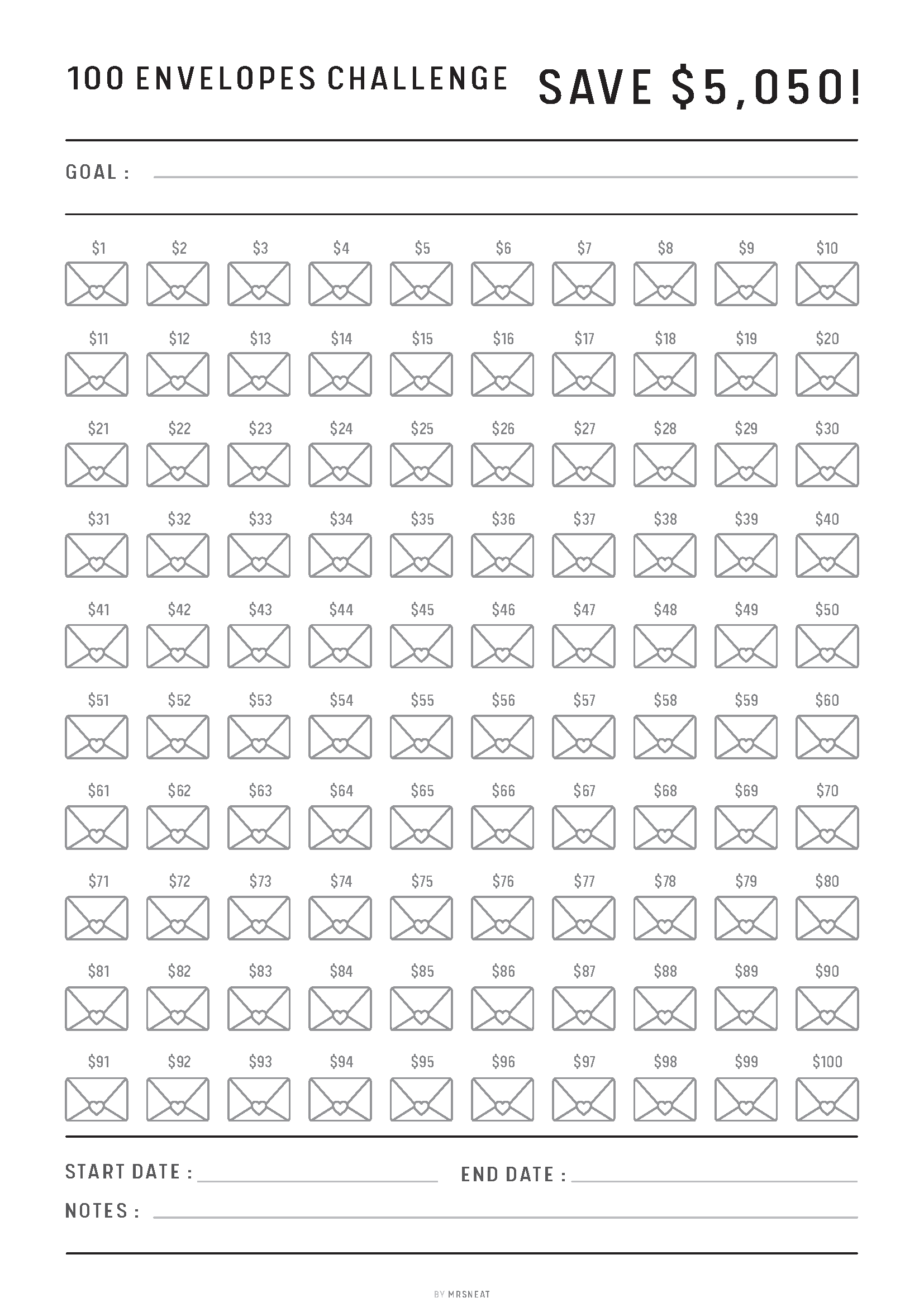 Sheet with 100 envelope illustrations and text about a savings challenge.