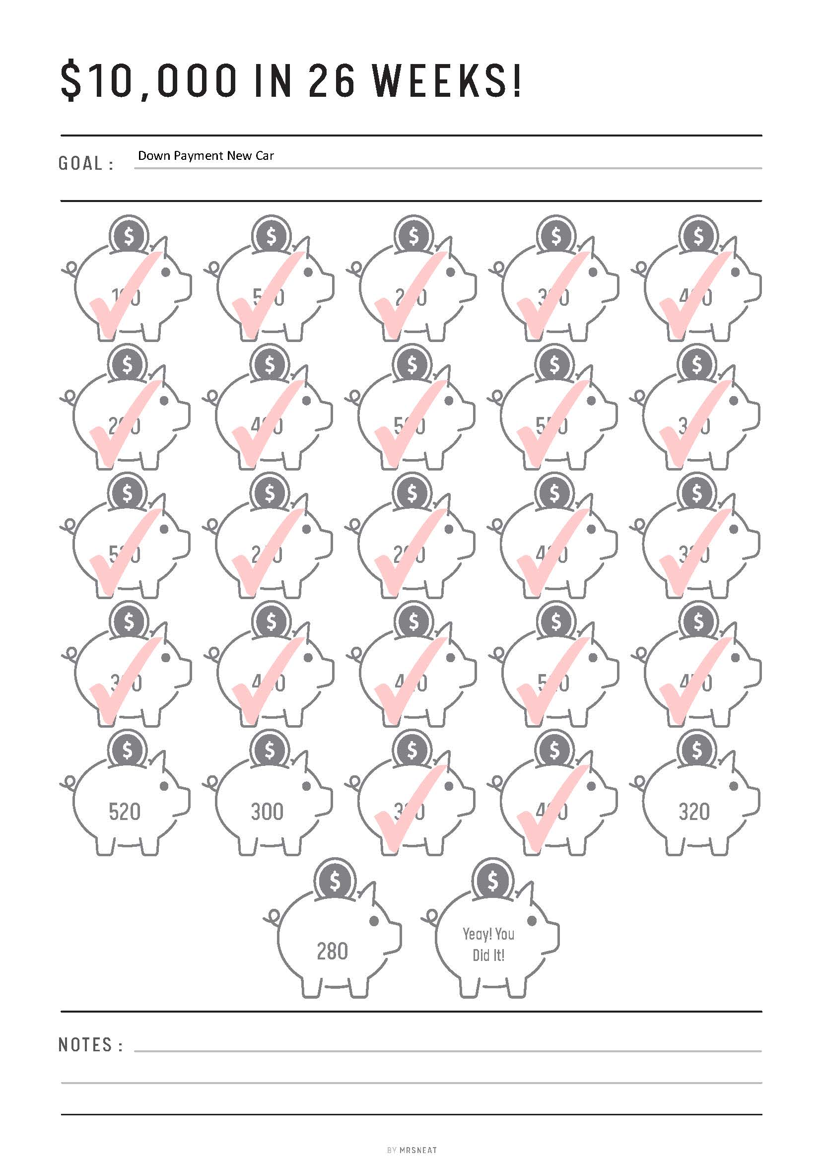 10000 Savings Challenge in 26 Weeks, Save 10000 in 26 weeks, 26 weeks savings challenge, Fillable Saving Tracker, PDF, Multiple sizes