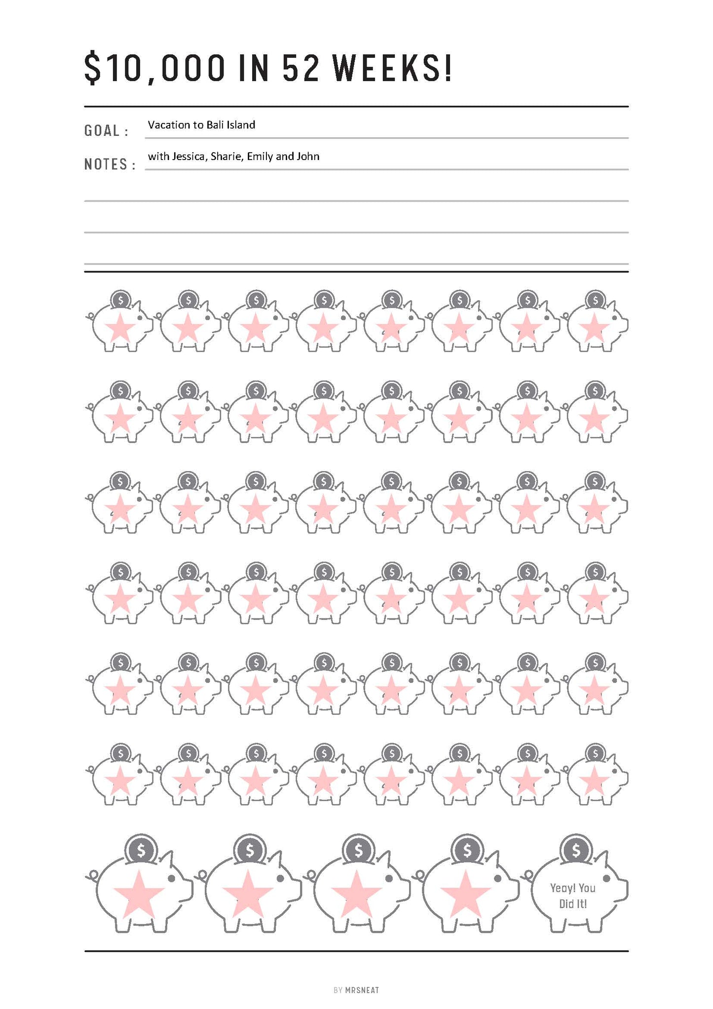 Sheet with piggy bank illustrations and text about saving $10,000 in 52 weeks.