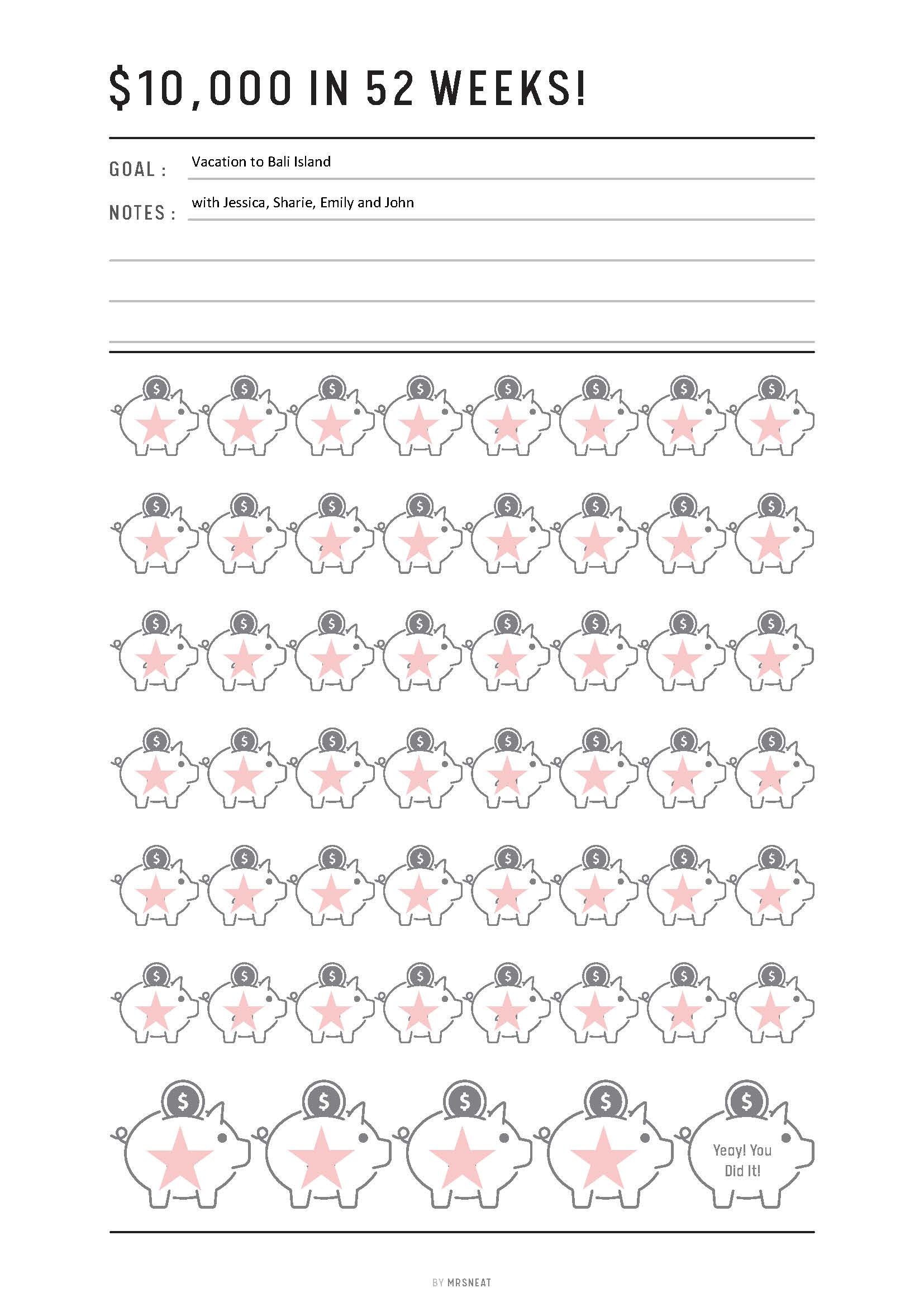 Sheet with piggy bank illustrations and text about saving $10,000 in 52 weeks.