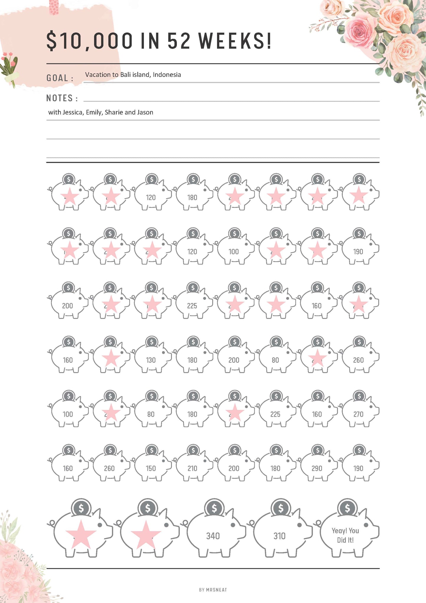 Fillable Floral 10000 Money Savings Challenge Printable, Saving Challenge in 52 Weeks, A4, A5, Letter, Half Letter, Pdf